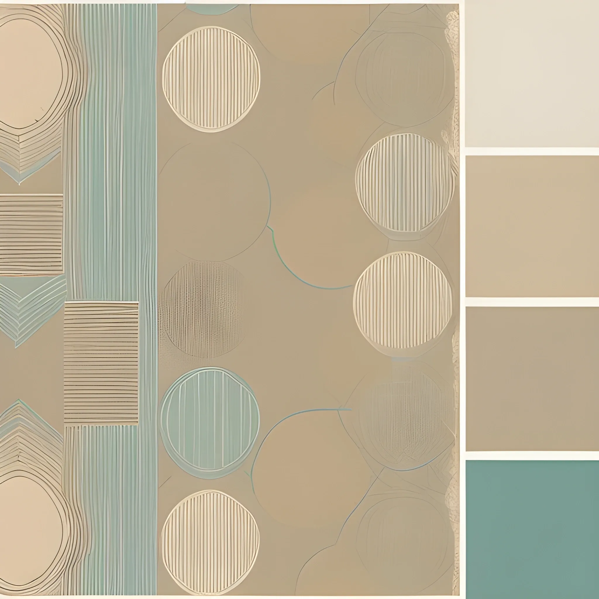 Create a design inspired by vintage modern art featuring geometric shapes, retro color palette with muted pastels and earthy tones, incorporating abstract patterns, delicate line work, and subtle textures to evoke a sense of nostalgia while maintaining a contemporary flair.