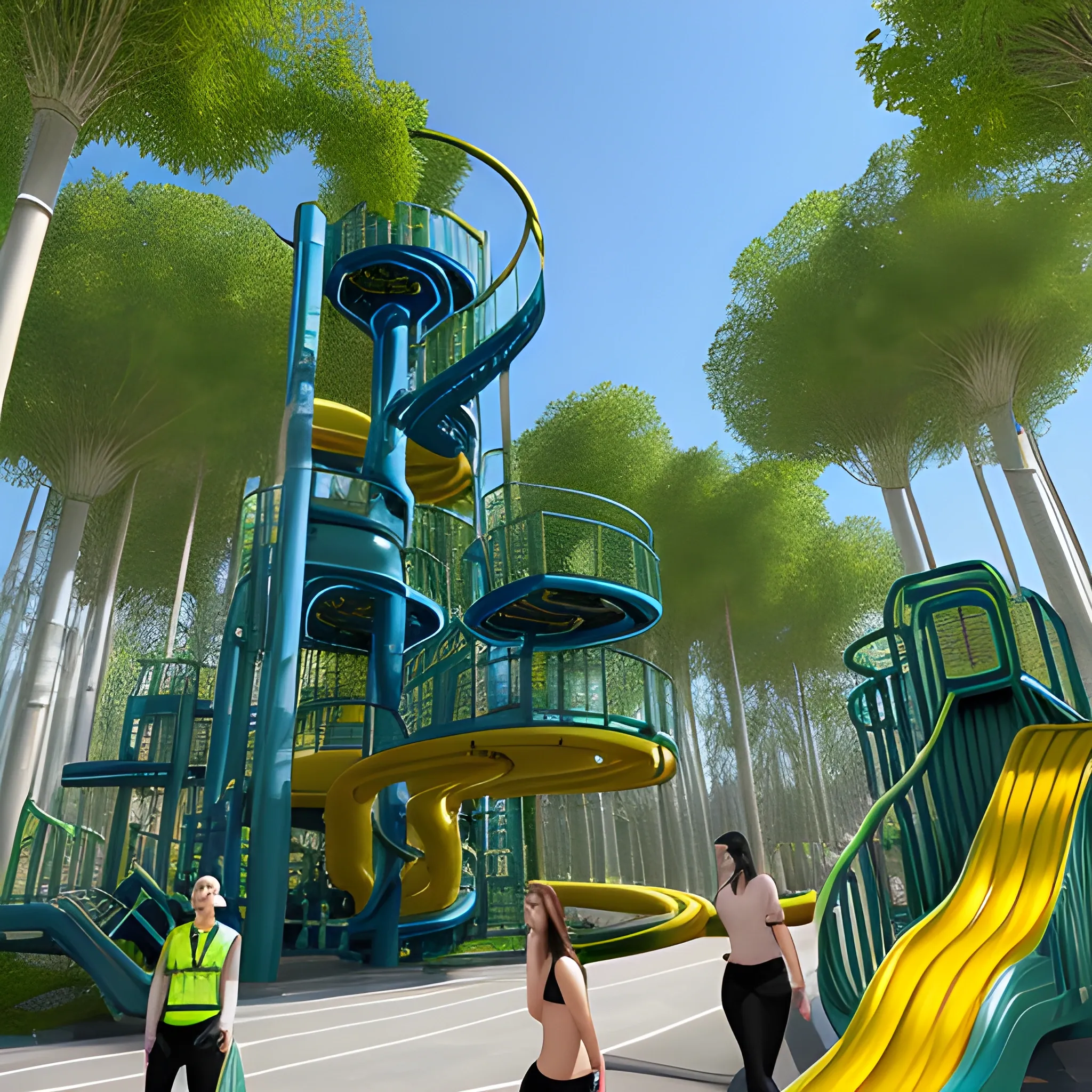 A photo of huge a group of children playing at a large futuristic metallic industrial playground with multiple structures, including slides, starship 🚀 simulators, a few tunnels, and starship shaped jungle gyms. The children are playing on and around the structures, with some sitting on the ground and others standing. The playground appears to be outdoors, surrounded by trees. The children are dressed in casual clothing, with some wearing t-shirts and others in dresses. The color schemes of the playground equipment is metallic gold, green matte, rubber red & blue.