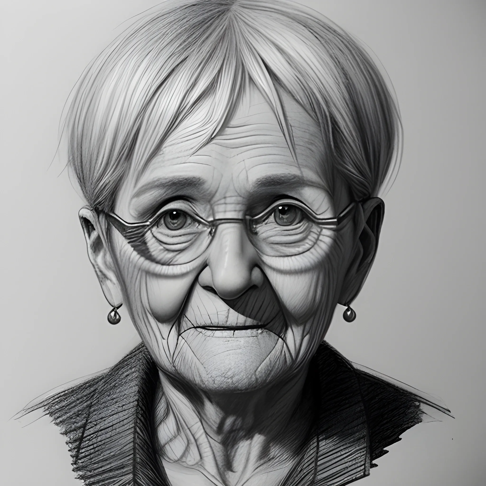 old woman, Pencil Sketch, short-haired, 