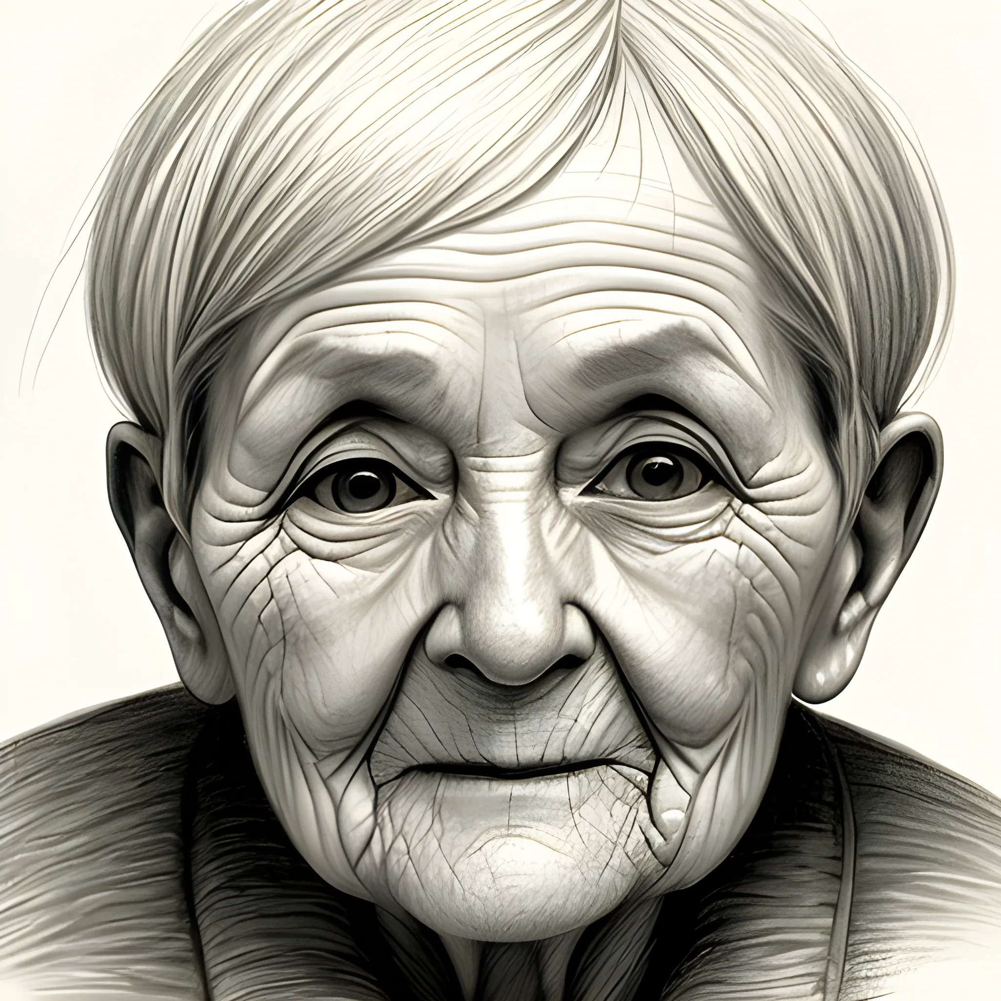 old woman, Pencil Sketch, short-haired, 