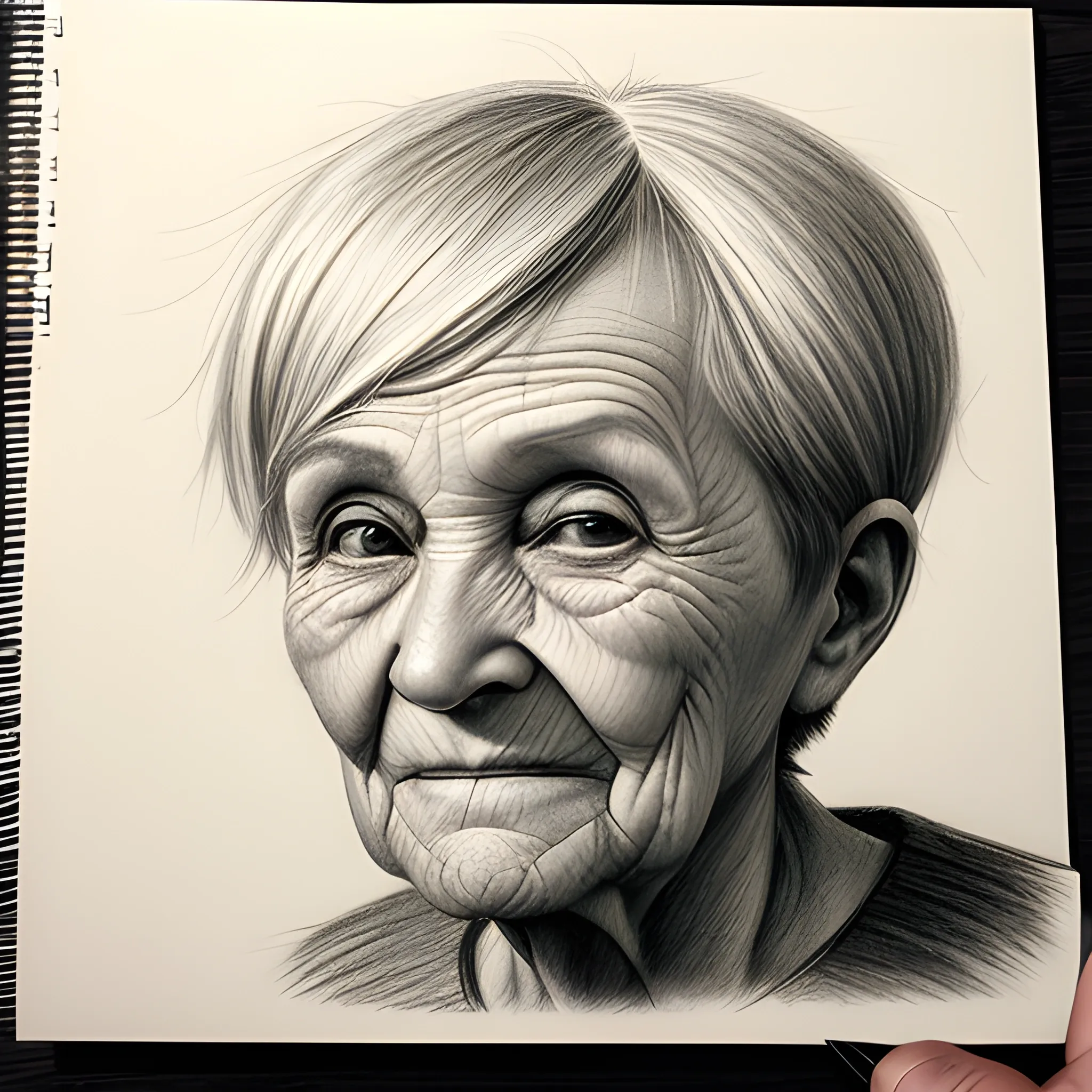 old woman, Pencil Sketch, short-haired, 