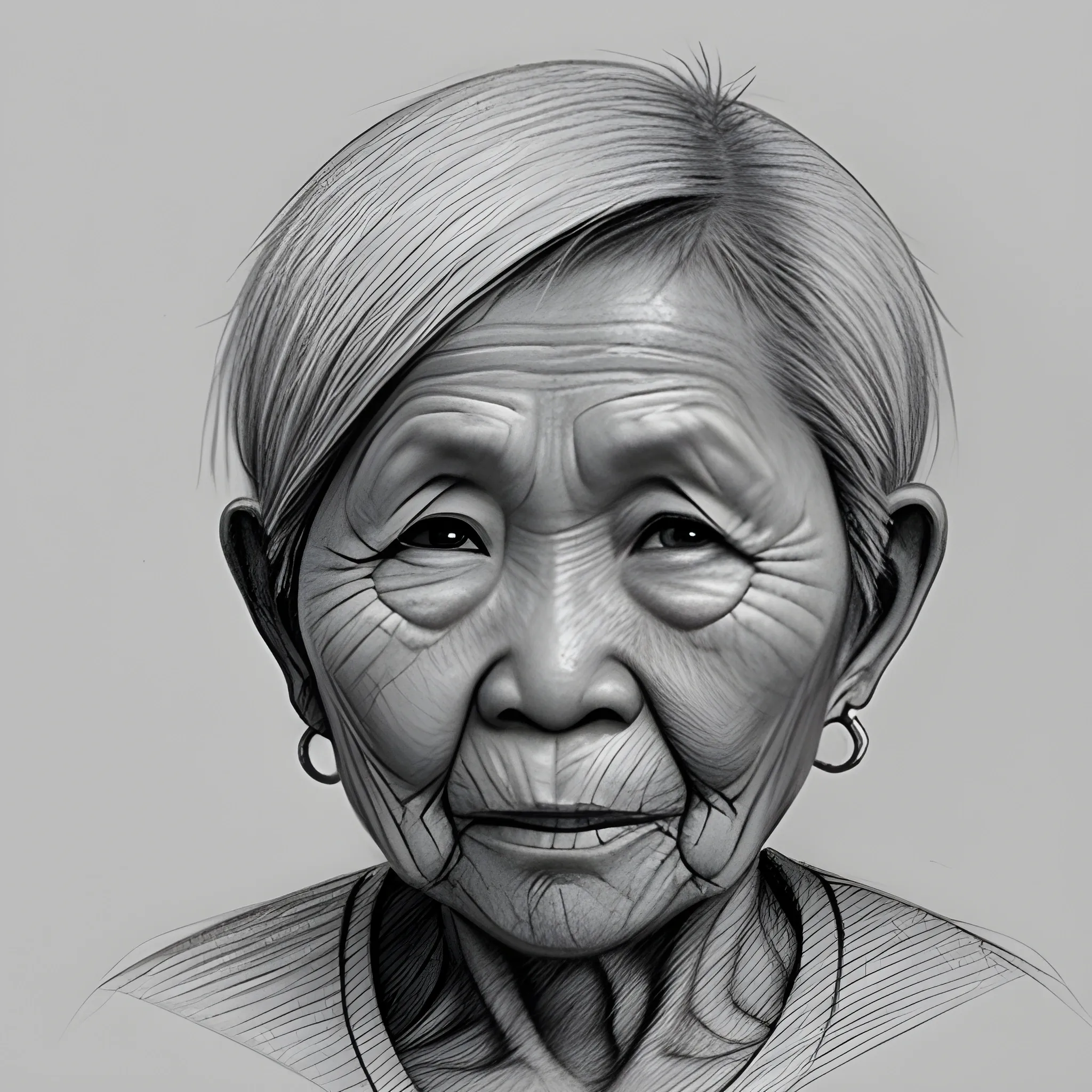 old woman, Pencil Sketch, short-haired, filipino
