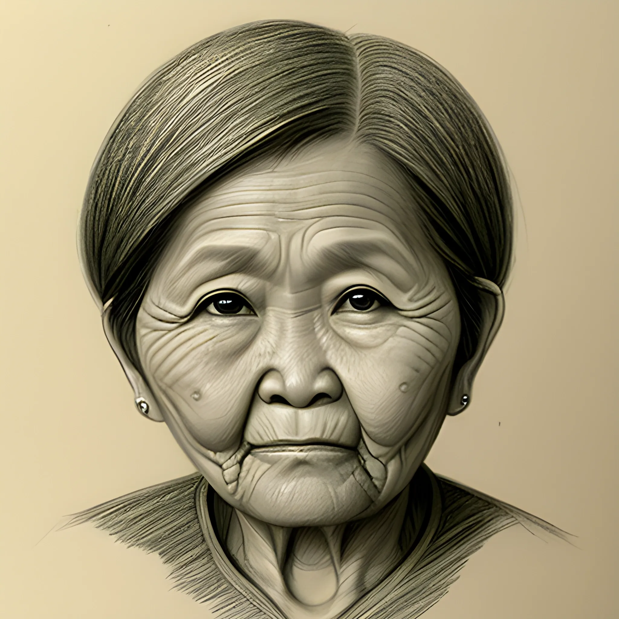 old woman, Pencil Sketch, short-haired, filipino
