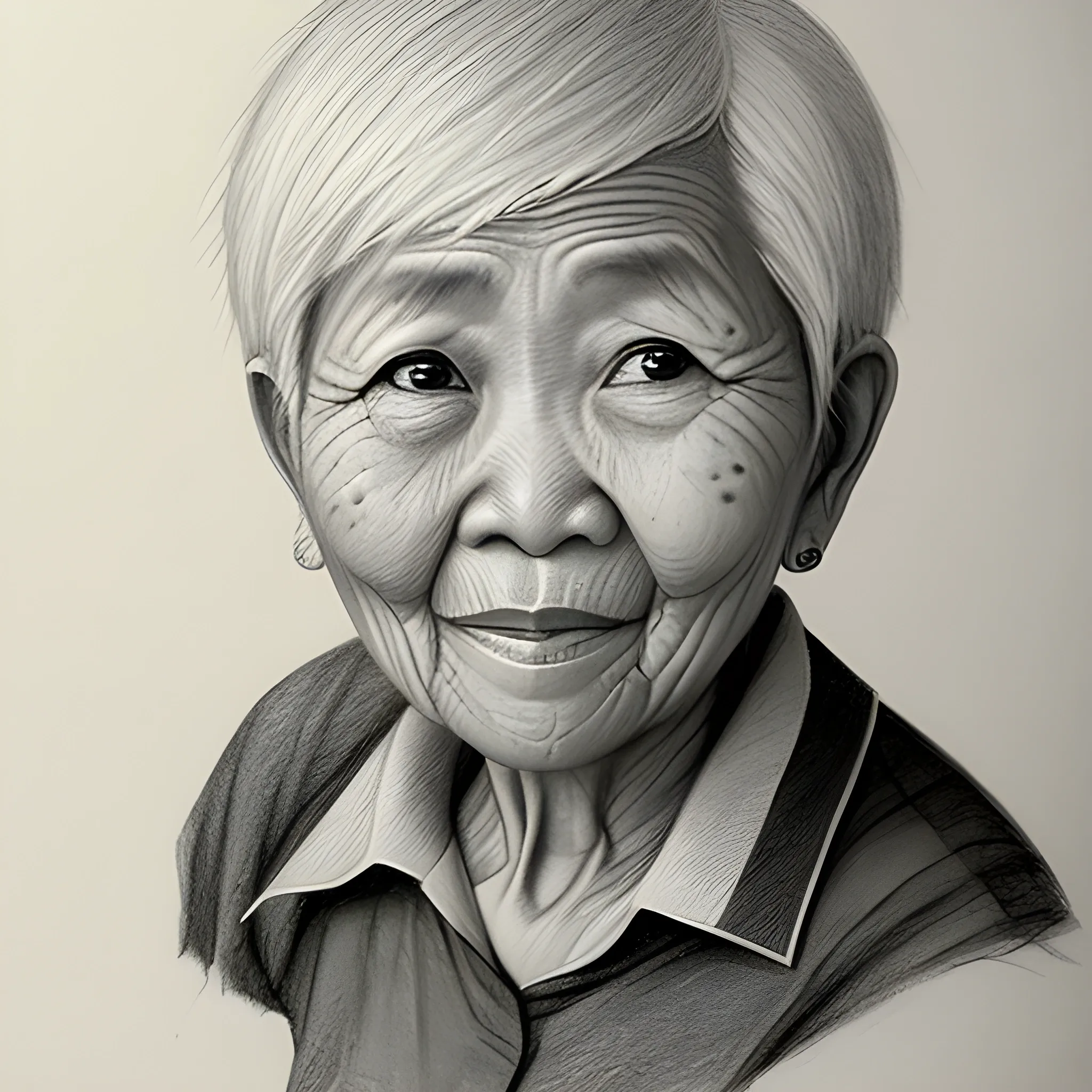 old woman, Pencil Sketch, short-haired, filipino
