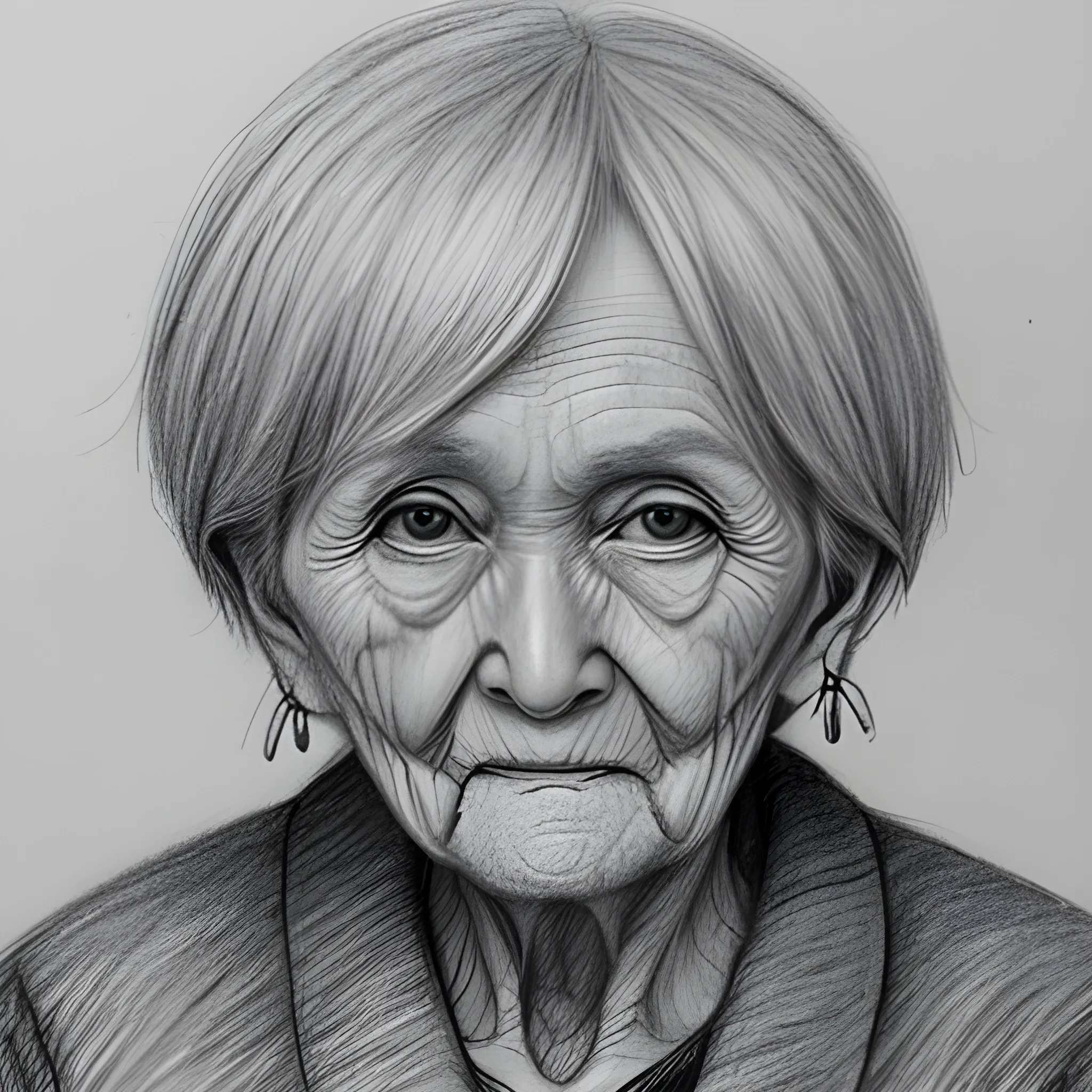 old woman, Pencil Sketch, short-haired, with eye-bags, 

