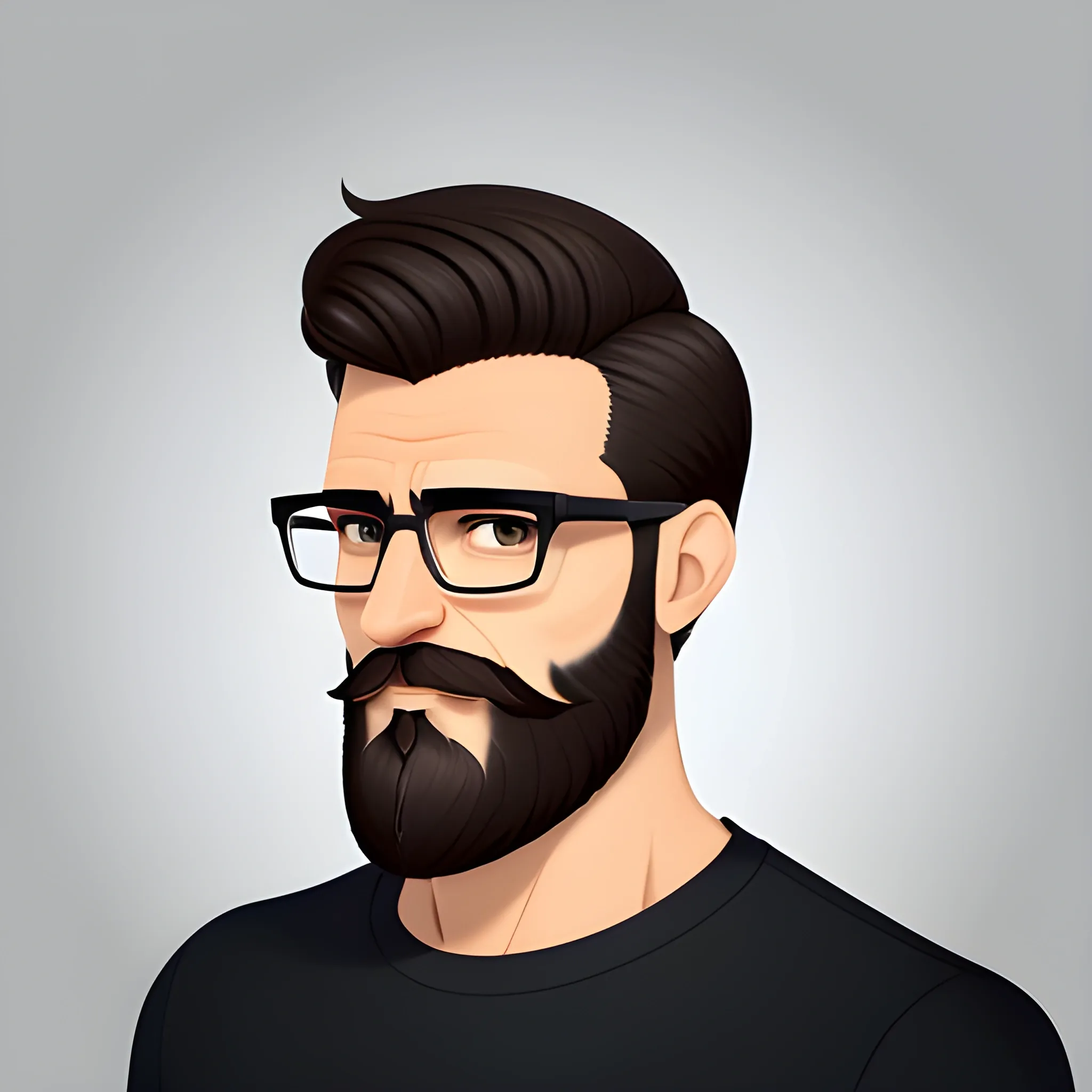 Create a professional avatar of a young man with short dark hair, glasses, a trimmed beard, wearing a dark t-shirt. The setting should be minimal, with a soft, clean background. The avatar should have a friendly and approachable expression, designed in a semi-realistic, slightly stylized way suitable for profile pictures. Keep the colors neutral but with some warm tones.