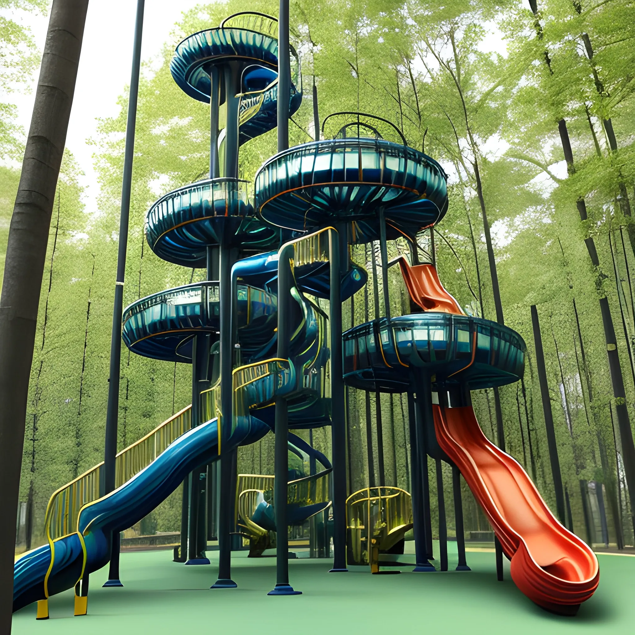 A photo of huge a group of children playing at a large futuristic metallic industrial playground with multiple structures, including slides, starship 🚀 simulators, a few tunnels, and starship shaped jungle gyms. The children are playing on and around the structures, with some sitting on the ground and others standing. The playground appears to be outdoors, surrounded by trees. The children are dressed in casual clothing, with some wearing t-shirts and others in dresses. The color schemes of the playground equipment is metallic gold, green matte, rubber red & blue.