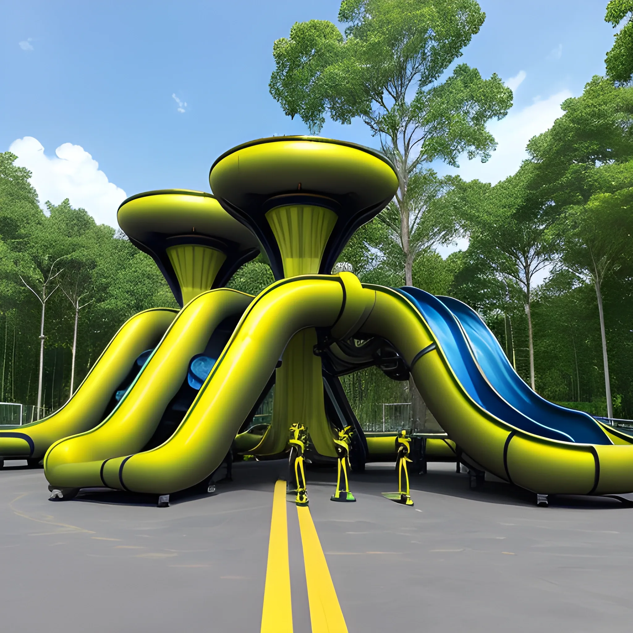 A photo of huge a group of children playing at a large futuristic metallic industrial playground with multiple structures, including slides, starship 🚀 simulators, a few tunnels, and starship shaped jungle gyms. The children are playing on and around the structures, with some sitting on the ground and others standing. The playground appears to be outdoors, surrounded by trees. The children are dressed in casual clothing, with some wearing t-shirts and others in dresses. The color schemes of the playground equipment is metallic gold, green matte, rubber red & blue.Imagine Starship Design 💎👨🏻‍🚀🔩🧲🏭🛸💎⚡👾👨🏻‍🚀🤖🧲🏭🛸💎👽🛰️🧲🛰️🛸♾️🚀🛰️🌏🌎🌍🔩👨🏻‍🚀🏭👽👨🏻‍🚀🎉🏭👨🏻‍🚀🤖⚡🌏🌎🌍A photo of huge a group of children playing at a large futuristic metallic industrial playground with multiple structures, including slides, starship simulators, a few tunnels, and starship shaped jungle gyms. The children are playing on and around the structures. Futuristic scene.