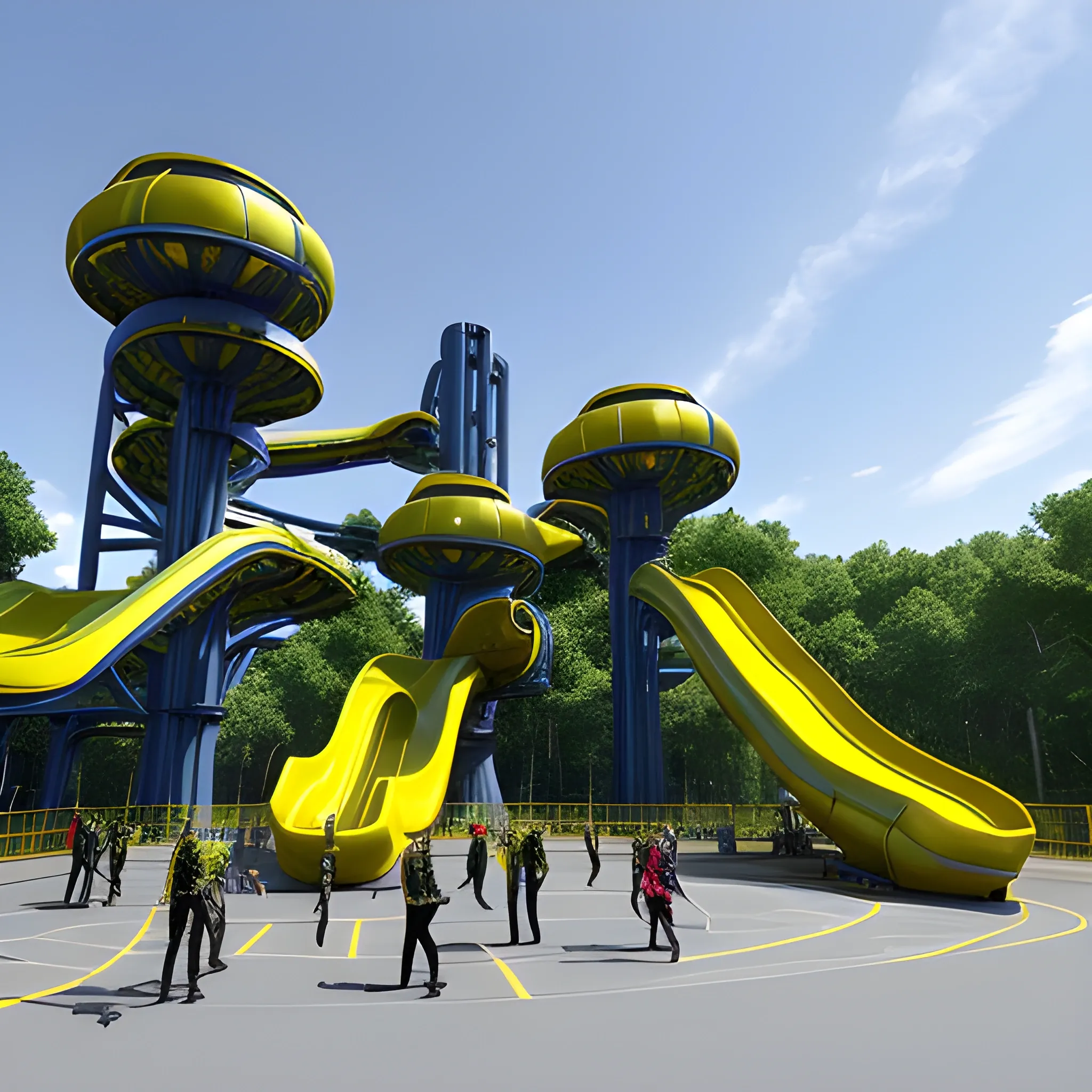 A photo of huge a group of children playing at a large futuristic metallic industrial playground with multiple structures, including slides, starship 🚀 simulators, a few tunnels, and starship shaped jungle gyms. The children are playing on and around the structures, with some sitting on the ground and others standing. The playground appears to be outdoors, surrounded by trees. The children are dressed in casual clothing, with some wearing t-shirts and others in dresses. The color schemes of the playground equipment is metallic gold, green matte, rubber red & blue.Imagine Starship Design 💎👨🏻‍🚀🔩🧲🏭🛸💎⚡👾👨🏻‍🚀🤖🧲🏭🛸💎👽🛰️🧲🛰️🛸♾️🚀🛰️🌏🌎🌍🔩👨🏻‍🚀🏭👽👨🏻‍🚀🎉🏭👨🏻‍🚀🤖⚡🌏🌎🌍A photo of huge a group of children playing at a large futuristic metallic industrial playground with multiple structures, including slides, starship simulators, a few tunnels, and starship shaped jungle gyms. The children are playing on and around the structures. Futuristic scene.