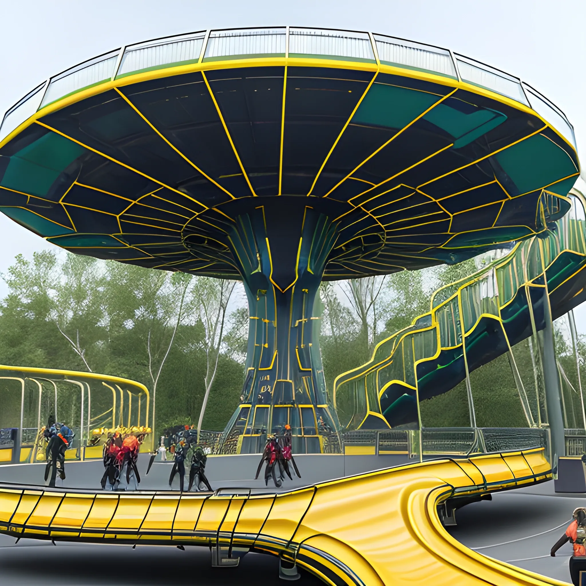 A photo of huge a group of children playing at a large futuristic metallic industrial playground with multiple structures, including slides, starship 🚀 simulators, a few tunnels, and starship shaped jungle gyms. The children are playing on and around the structures, with some sitting on the ground and others standing. The playground appears to be outdoors, surrounded by trees. The children are dressed in casual clothing, with some wearing t-shirts and others in dresses. The color schemes of the playground equipment is metallic gold, green matte, rubber red & blue.Imagine Starship Design 💎👨🏻‍🚀🔩🧲🏭🛸💎⚡👾👨🏻‍🚀🤖🧲🏭🛸💎👽🛰️🧲🛰️🛸♾️🚀🛰️🌏🌎🌍🔩👨🏻‍🚀🏭👽👨🏻‍🚀🎉🏭👨🏻‍🚀🤖⚡🌏🌎🌍A photo of huge a group of children playing at a large futuristic metallic industrial playground with multiple structures, including slides, starship simulators, a few tunnels, and starship shaped jungle gyms. The children are playing on and around the structures. Futuristic scene.