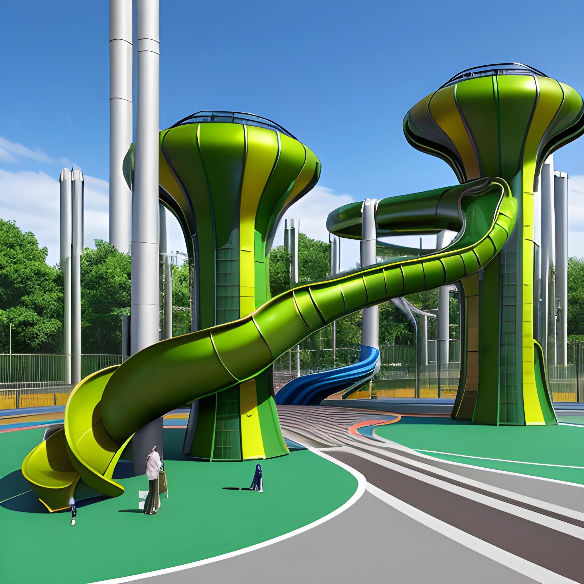 A photo of huge a group of children playing at a large futuristic metallic industrial playground with multiple structures, including slides, starship 🚀 simulators, a few tunnels, and starship shaped jungle gyms. The children are playing on and around the structures, with some sitting on the ground and others standing. The playground appears to be outdoors, surrounded by trees. The children are dressed in casual clothing, with some wearing t-shirts and others in dresses. The color schemes of the playground equipment is metallic gold, green matte, rubber red & blue.Imagine Starship Design 💎👨🏻‍🚀🔩🧲🏭🛸💎⚡👾👨🏻‍🚀🤖🧲🏭🛸💎👽🛰️🧲🛰️🛸♾️🚀🛰️🌏🌎🌍🔩👨🏻‍🚀🏭👽👨🏻‍🚀🎉🏭👨🏻‍🚀🤖⚡🌏🌎🌍A photo of huge a group of children playing at a large futuristic metallic industrial playground with multiple structures, including slides, starship simulators, a few tunnels, and starship shaped jungle gyms. The children are playing on and around the structures. Futuristic scene., 3D