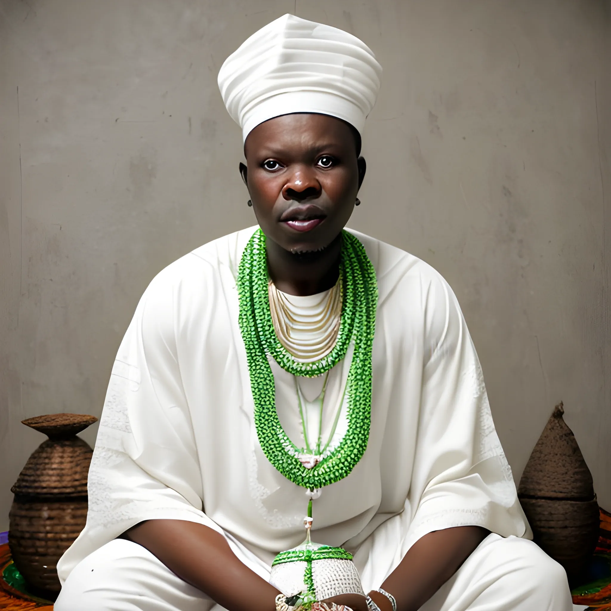 A babalawo of Yoruba tradition sitting in a room well decorated, mostly white and light gray, wearing white clothes, green and brown necklaces and surrounded by godsons. 