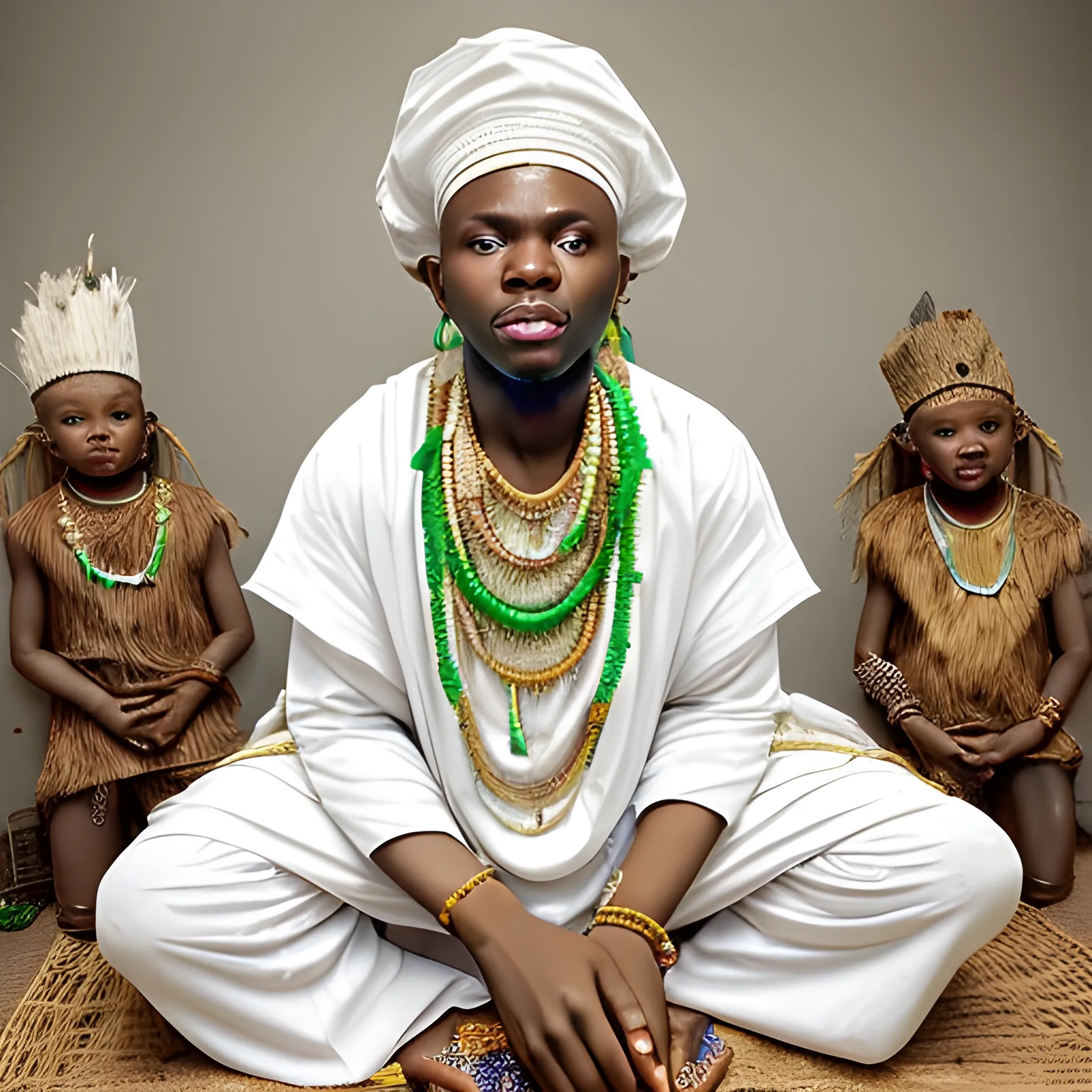 A white skinned babalawo of Yoruba tradition sitting in a room well decorated, mostly white and light gray, wearing white clothes, green and brown necklaces and surrounded by godsons, everything very detailed. 