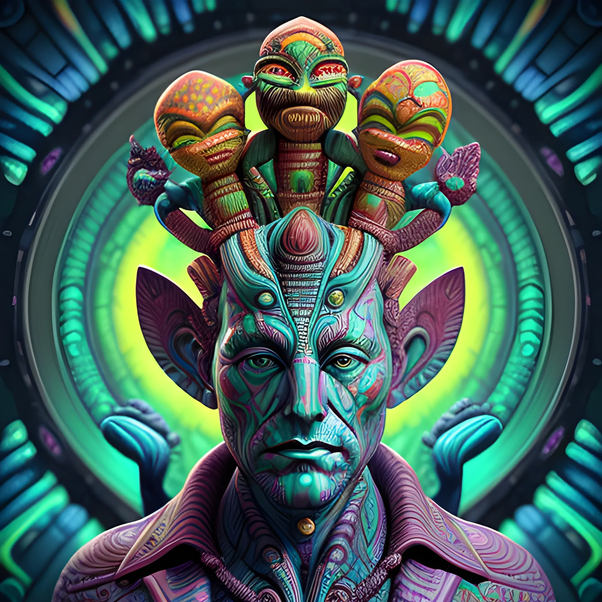 a surreal portrait statue of elon musk as a psychedelic tiki reptile stone god figure by naoto hattori, android jones, and chris dyer, deep bold colors, galactic dmt entity, depth of field, intricate beautiful painting, billions of details, octane render, portal, 8 k, detailed vector, trending on artstation, cgisociety , Cartoon, 3D