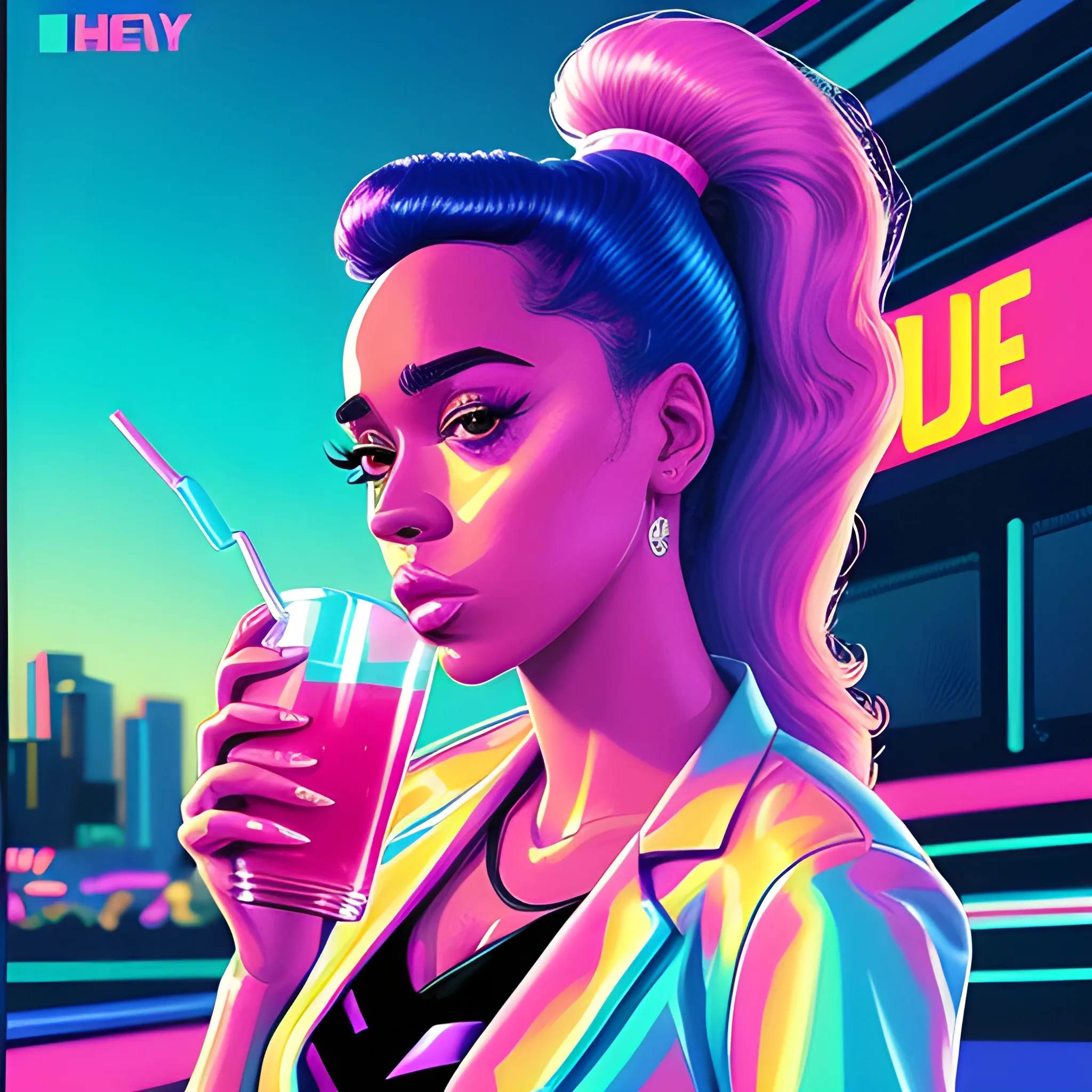 a close up of a poster with a woman with a drink, miami synthwave, official artwork, synthwave art, synthwave art style, synthwave style, (synthwave), by Hugo Heyrman, synthwave art style ]!!, hq artwork, promo poster, hyperrealistic ”, hyperrealistic”, artist unknown, doja cat, 3D