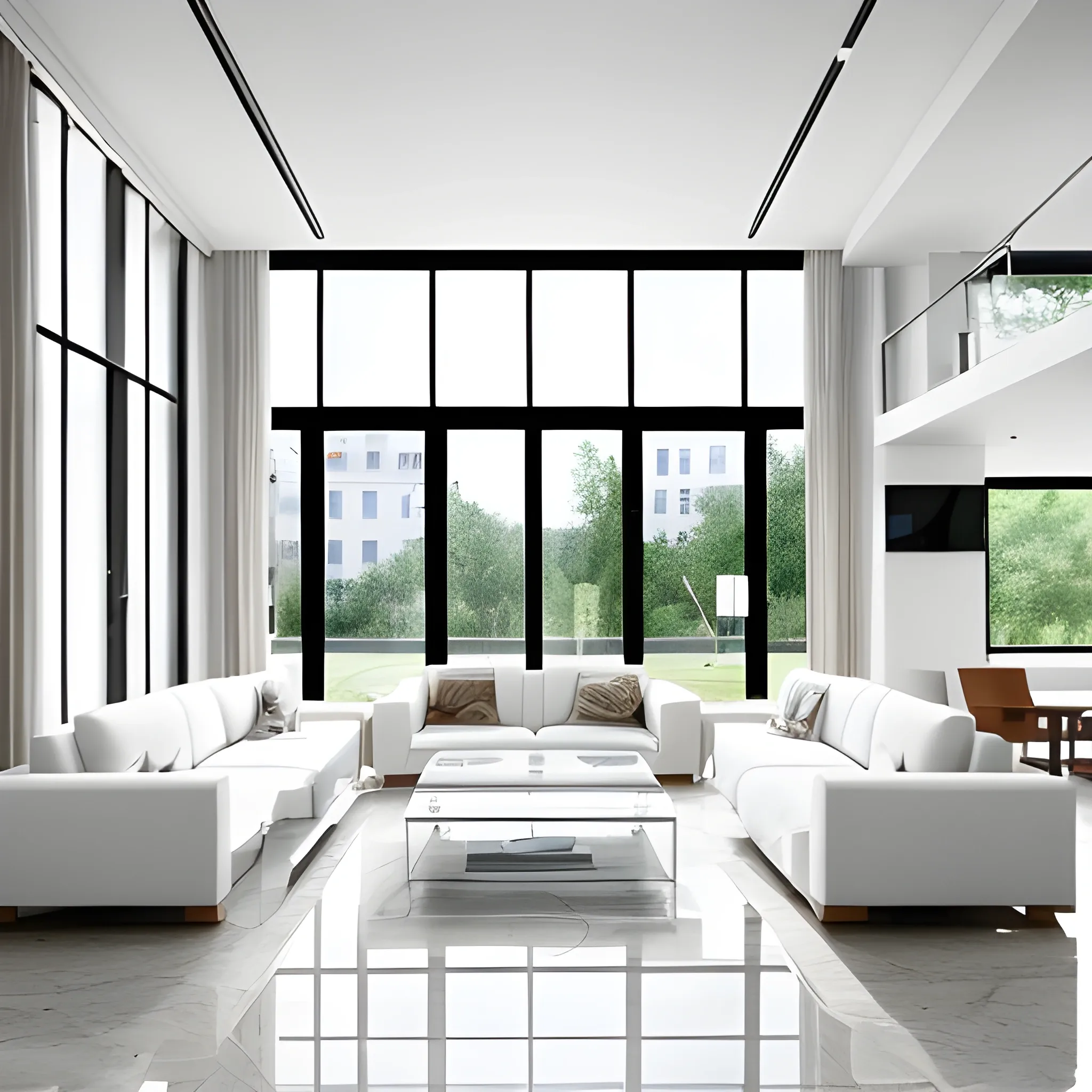 A modern living room with a beautiful white marble table between 2 white sofas ,on the left of the living room there are floor to ceiling glass window and on the right of the living room there are wooden stairs to the second floor, 8k resolution, professional interior design photograph