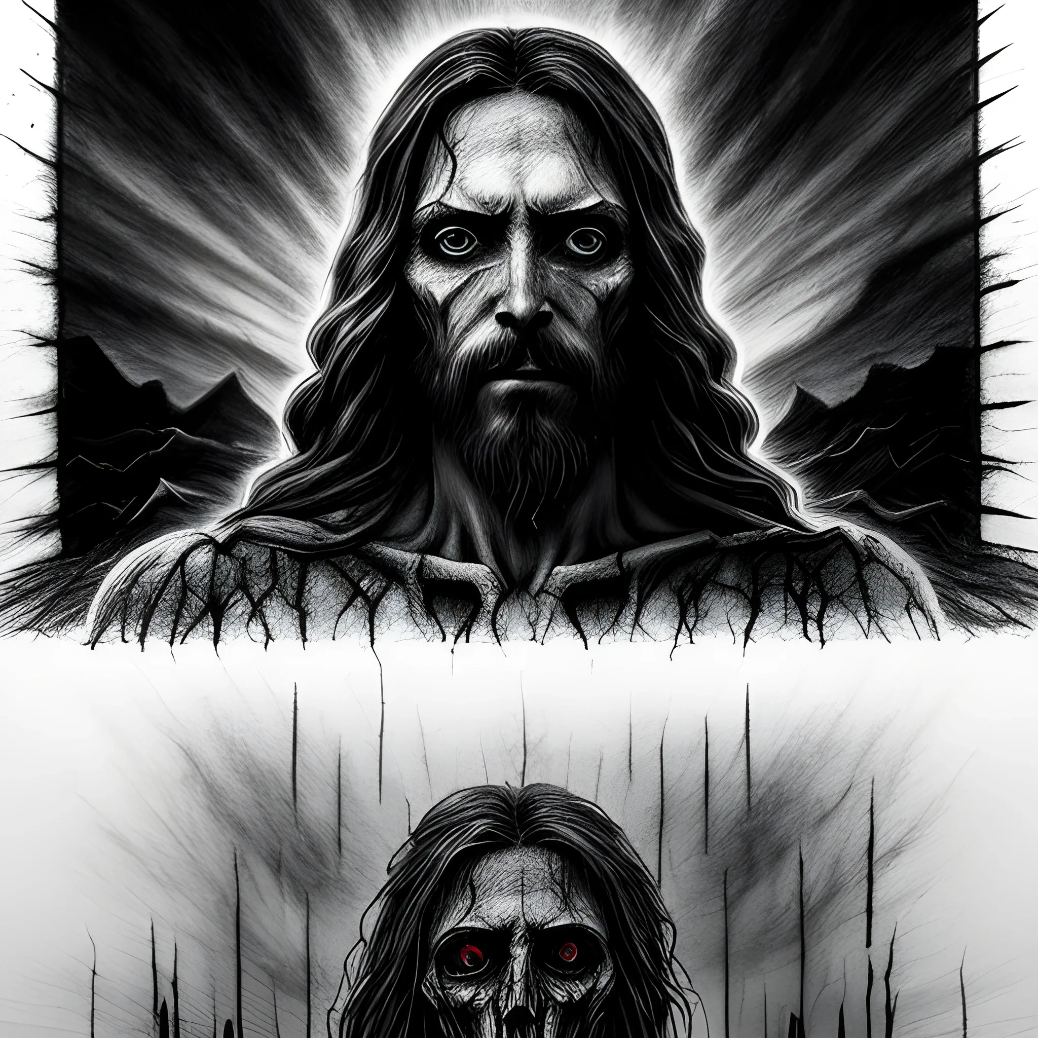 decomposed  jesus. full body, environment apocalypse and end of the world, atmosphere of darkness and horror, stunning drawing result lines, In post - production, enhance the details, sharpness, and contrast to achieve the hyper - stunning effect created using charcoal and pencil sketches. , art by riddickart, dark tones, Pencil Sketch, Pencil Sketch, Oil Painting