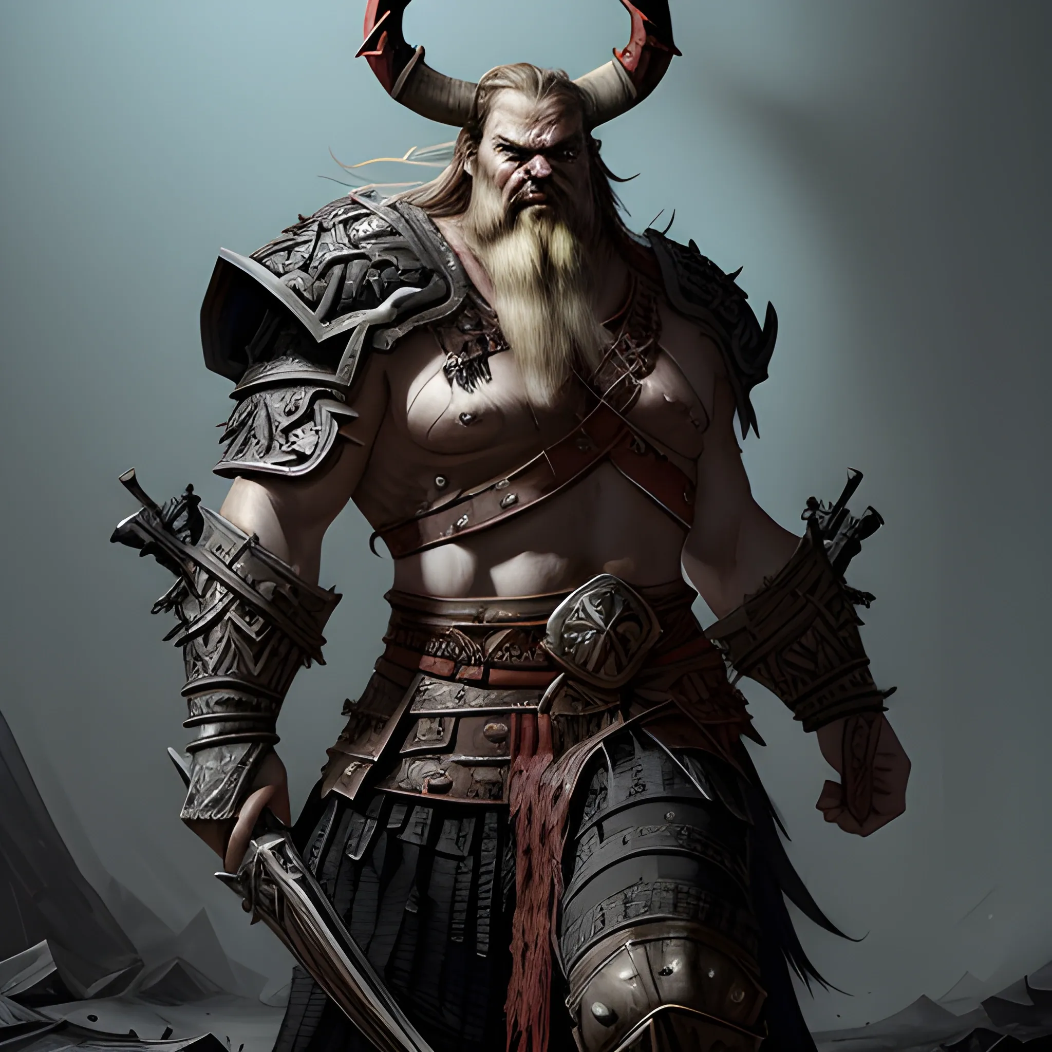 World of Warcraft illustration of a large viking character with AK-56 rifle, dark bronze and red, crumpled, eerily realistic, dusty piles, goth-core, Dark Fantasy by Antonio J. Macedonian, full length body shot, finely detailed armor, weapon, intricate design and details, hyper detailed, hyper realistic, photography lighting 