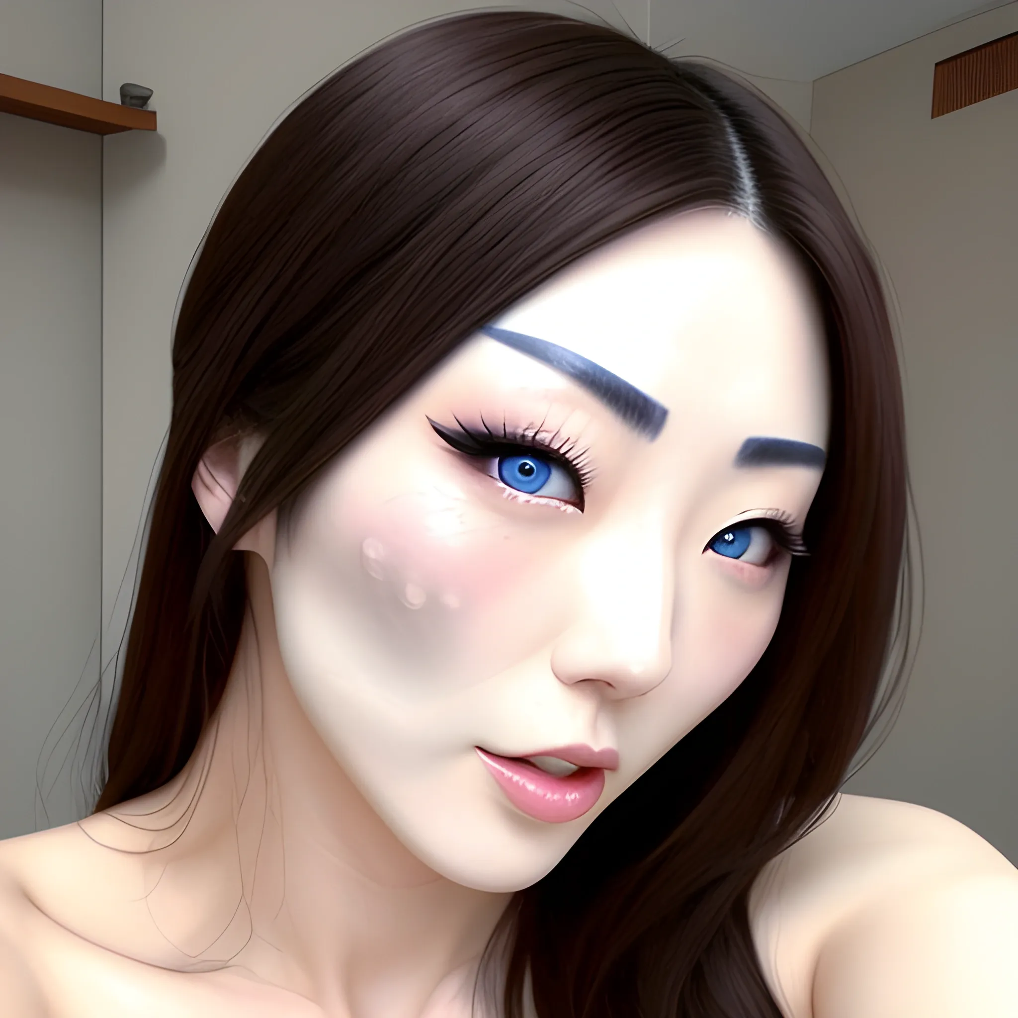 Japanese girl completely naked with white skin and beautiful blue eyes, brown hair and big boobies. She is face front to the camera doing a facial ahegao. Do it ins realistic style I want it to be real