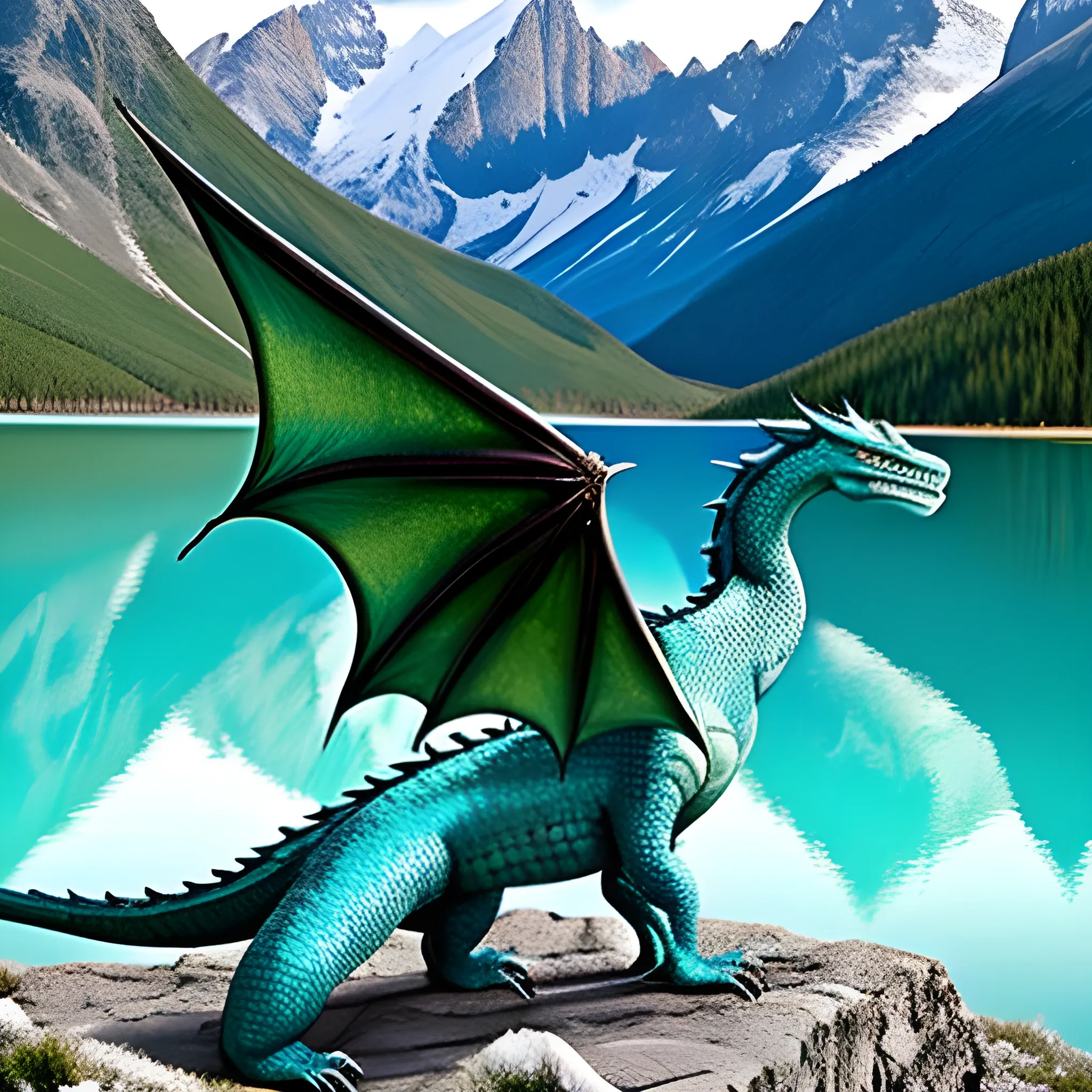 dragon saliendo del un lago en una montaña, con escamas de colores azul y verde, escupiendo corazones, como si fuese pintado por un niño de 9 años