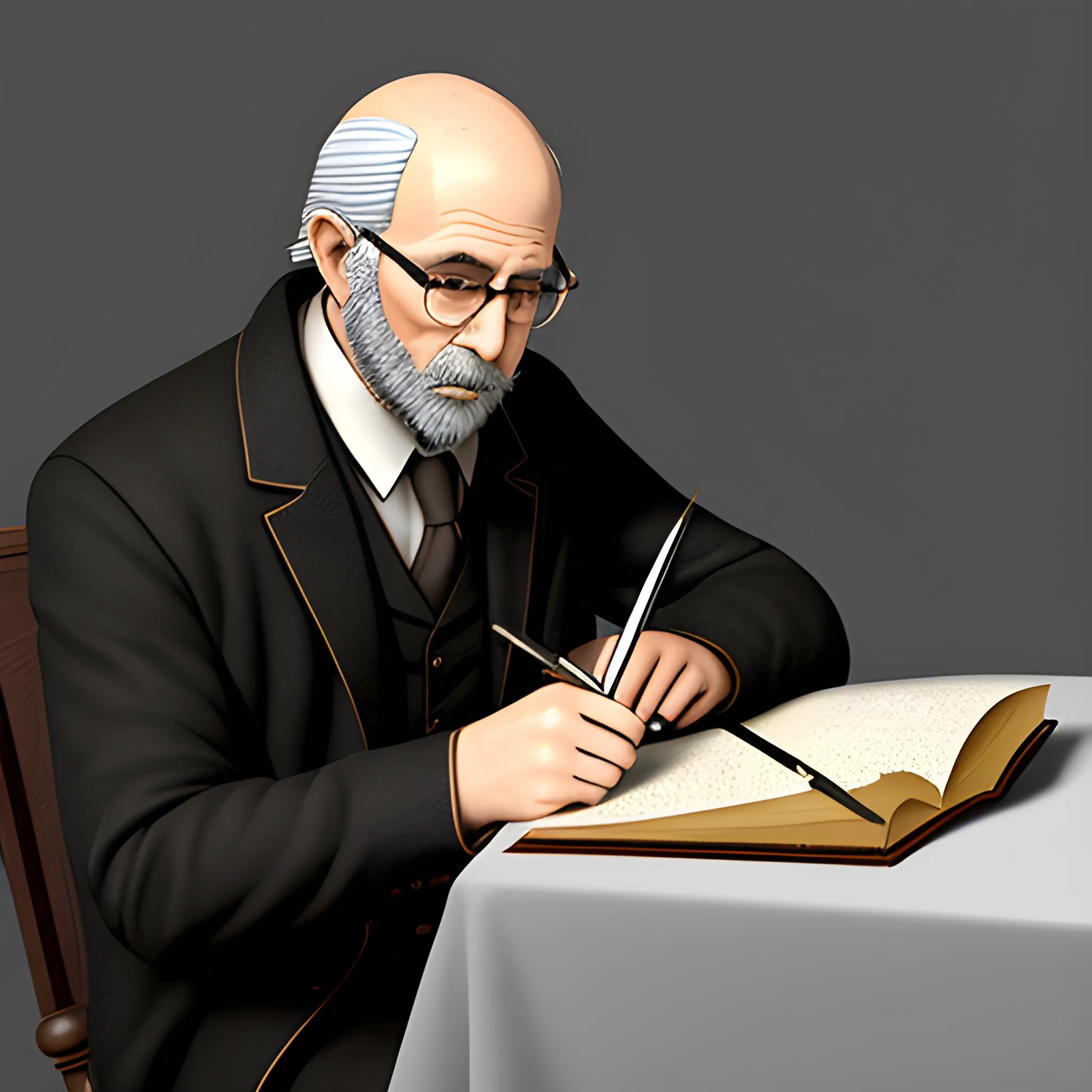 Master of light and shadow, stern well dressed man taking notes with a quill, 3D