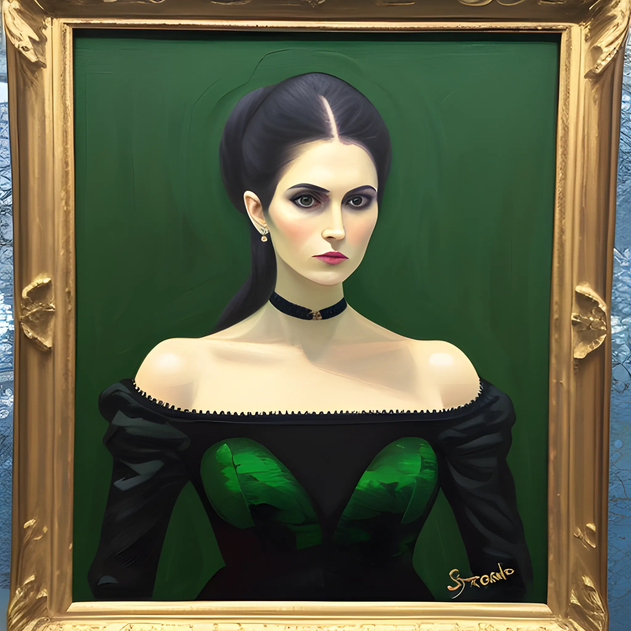 beautiful stern woman dressed in black and green, Oil Painting