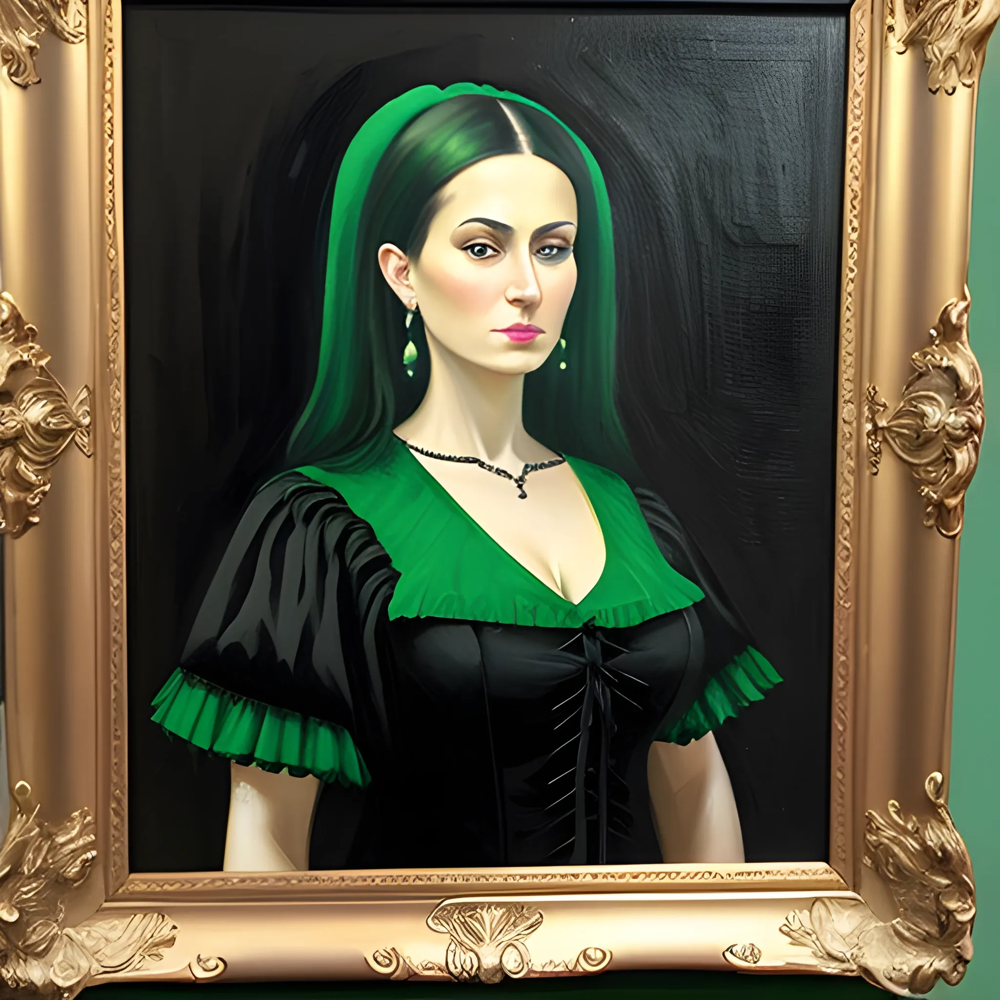 beautiful stern woman dressed in black and green, Oil Painting