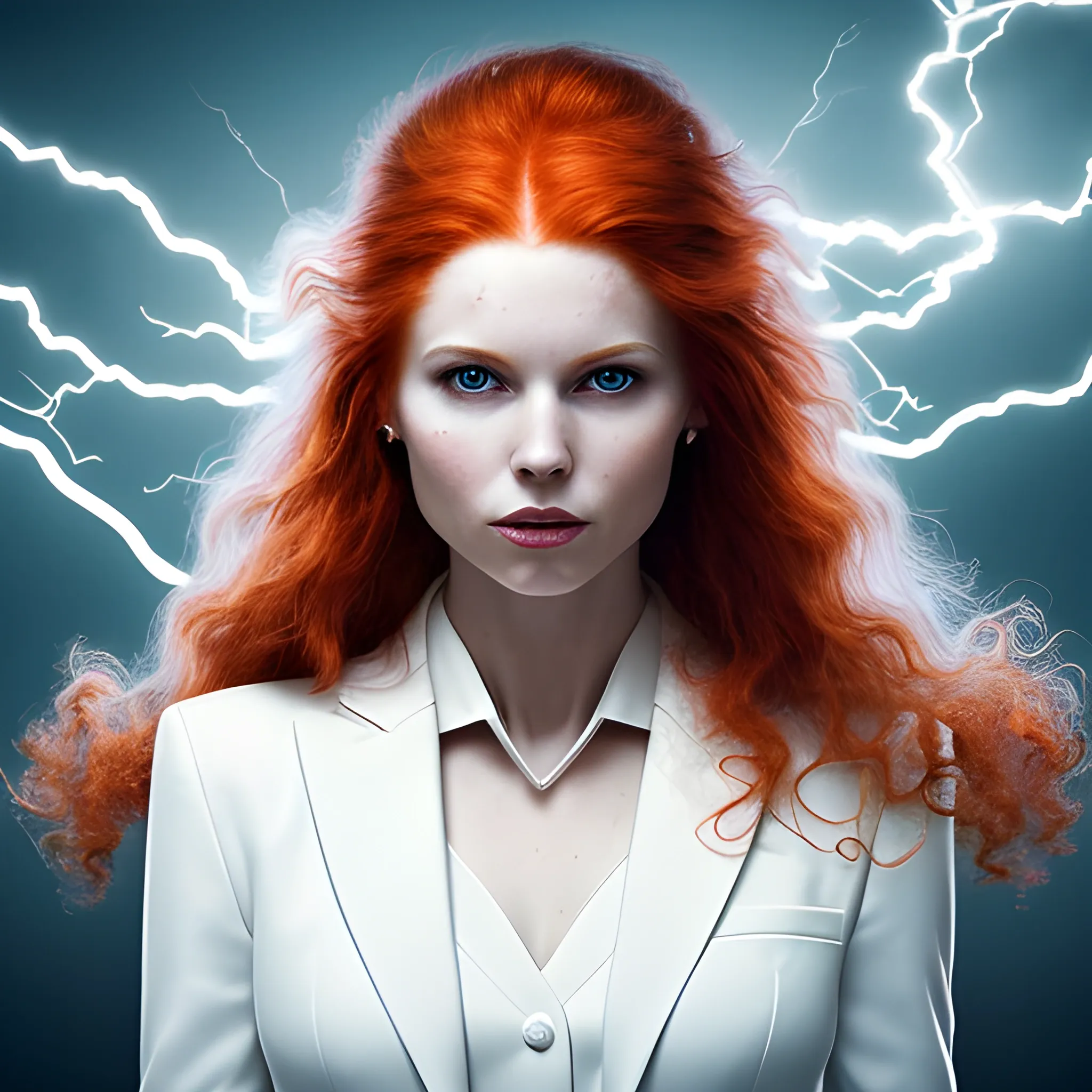 beautiful stern redhaired woman in a white suit with lightning in her hair