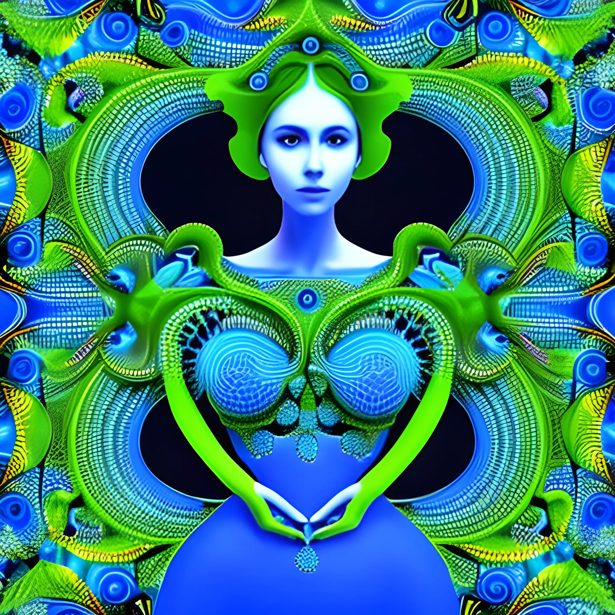 beautiful woman dressed in blue and green surrounded by fractal shapes