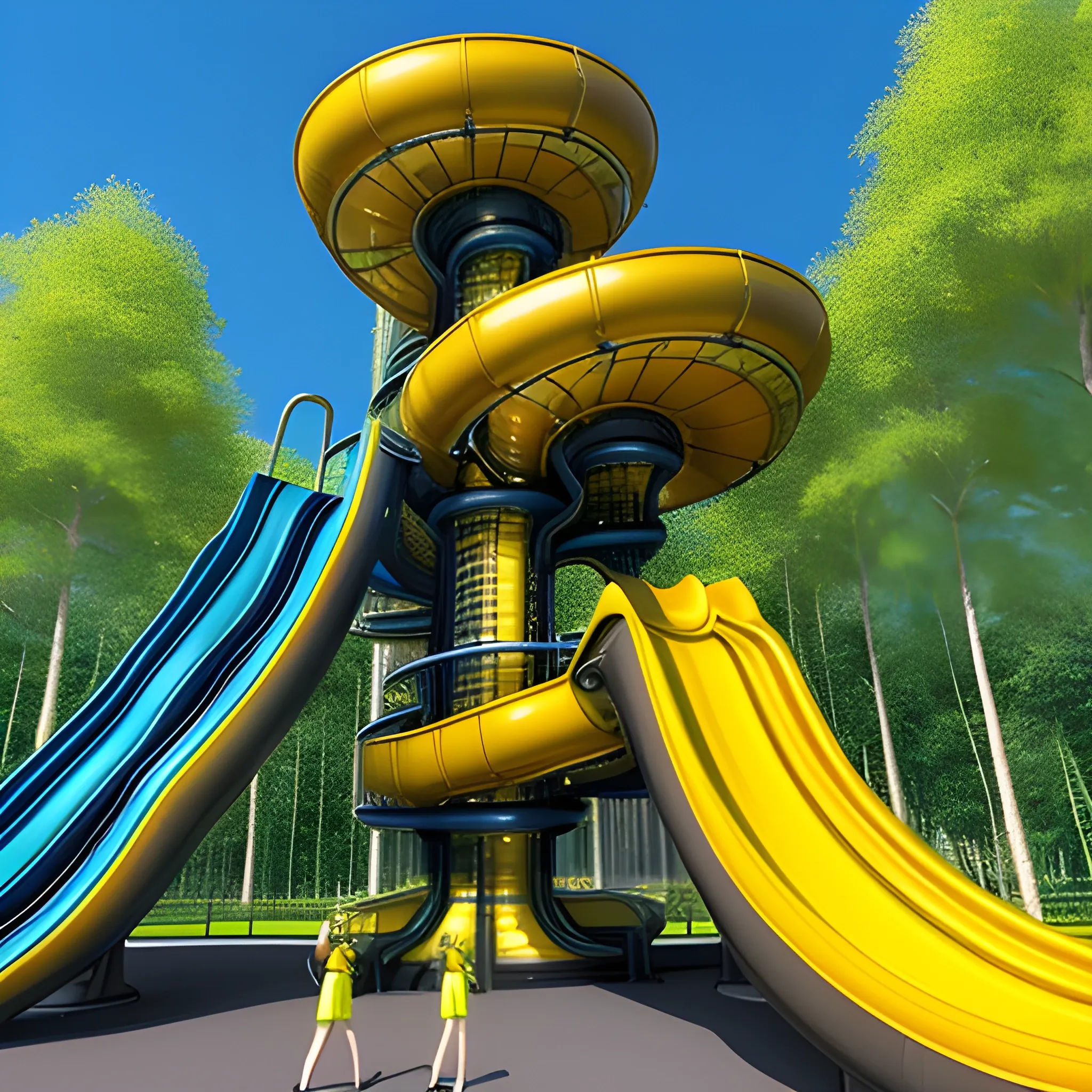 A photo of huge a group of children playing at a large futuristic metallic industrial playground with multiple structures, including slides, starship 🚀 simulators, a few tunnels, and starship shaped jungle gyms. The children are playing on and around the structures, with some sitting on the ground and others standing. The playground appears to be outdoors, surrounded by trees. The children are dressed in casual clothing, with some wearing t-shirts and others in dresses. The color schemes of the playground equipment is metallic gold, green matte, rubber red & blue.Imagine Starship Design 💎👨🏻‍🚀🔩🧲🏭🛸💎⚡👾👨🏻‍🚀🤖🧲🏭🛸💎👽🛰️🧲🛰️🛸♾️🚀🛰️🌏🌎🌍🔩👨🏻‍🚀🏭👽👨🏻‍🚀🎉🏭👨🏻‍🚀🤖⚡🌏🌎🌍A photo of huge a group of children playing at a large futuristic metallic industrial playground with multiple structures, including slides, starship simulators, a few tunnels, and starship shaped jungle gyms. The children are playing on and around the structures. Futuristic scene., 3D