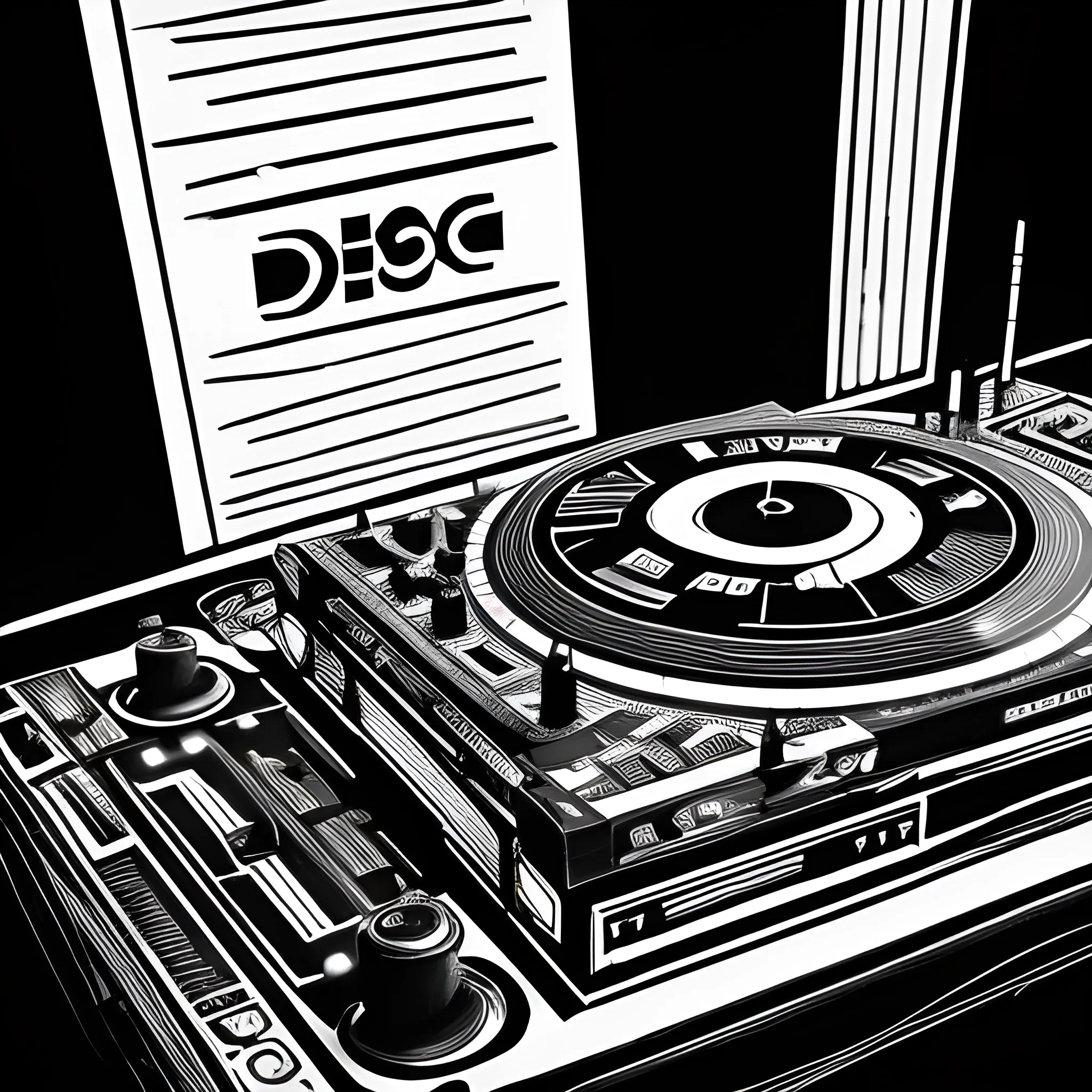 "Design a cover image for a Melodic Techno music session. Feature a DJ playing on turntables, viewed from an angle that doesn't reveal their face. Incorporate the text 'Melodic Techno' creatively into the background. The overall ambiance should be enigmatic and captivating, with a focus on the DJ's hands on the equipment.", , Trippy, Pencil Sketch