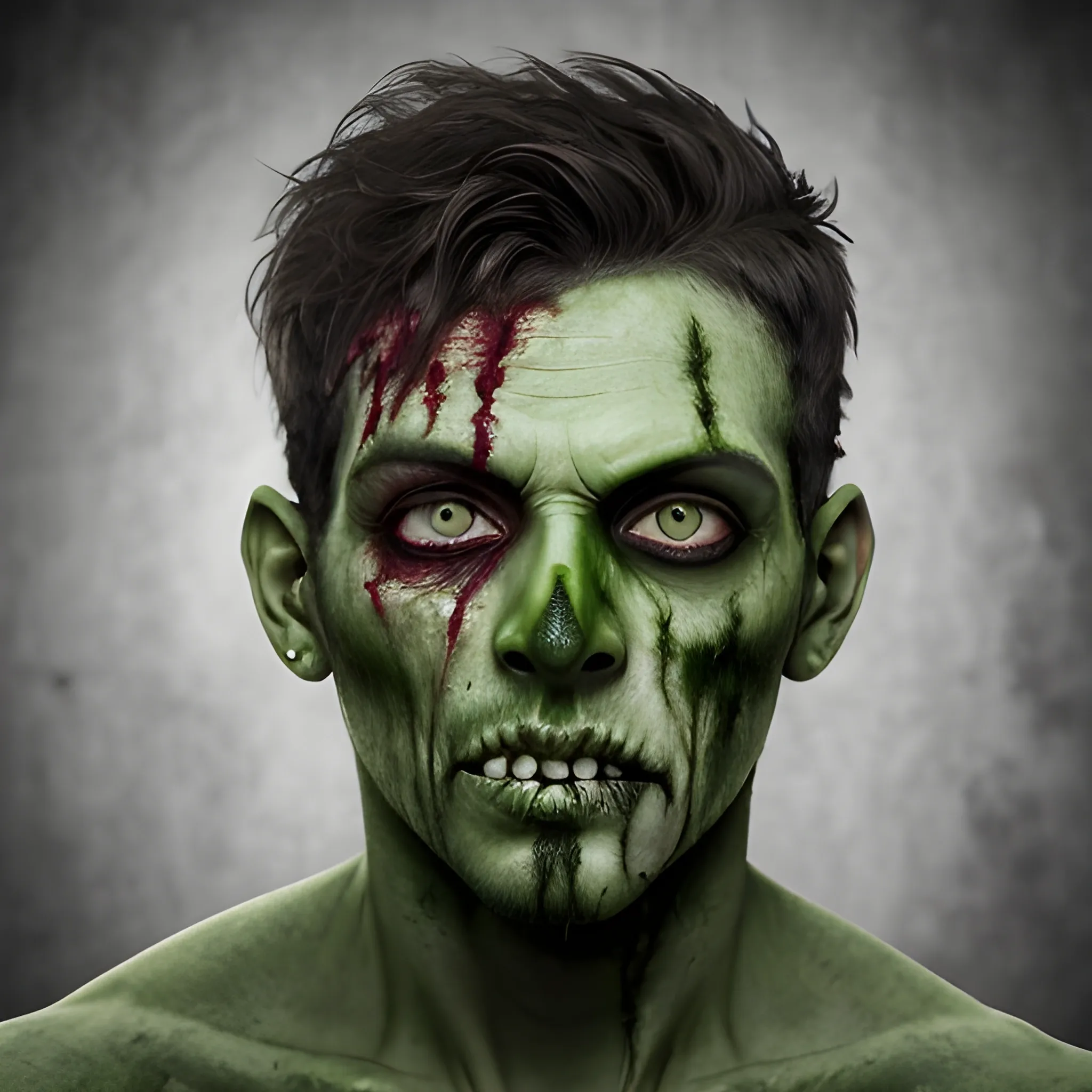 rostro zombie de hombre con piel verde putrefacta realista con sangre un solo ojo colgando sin piel en parte de la frente con gusanos 
