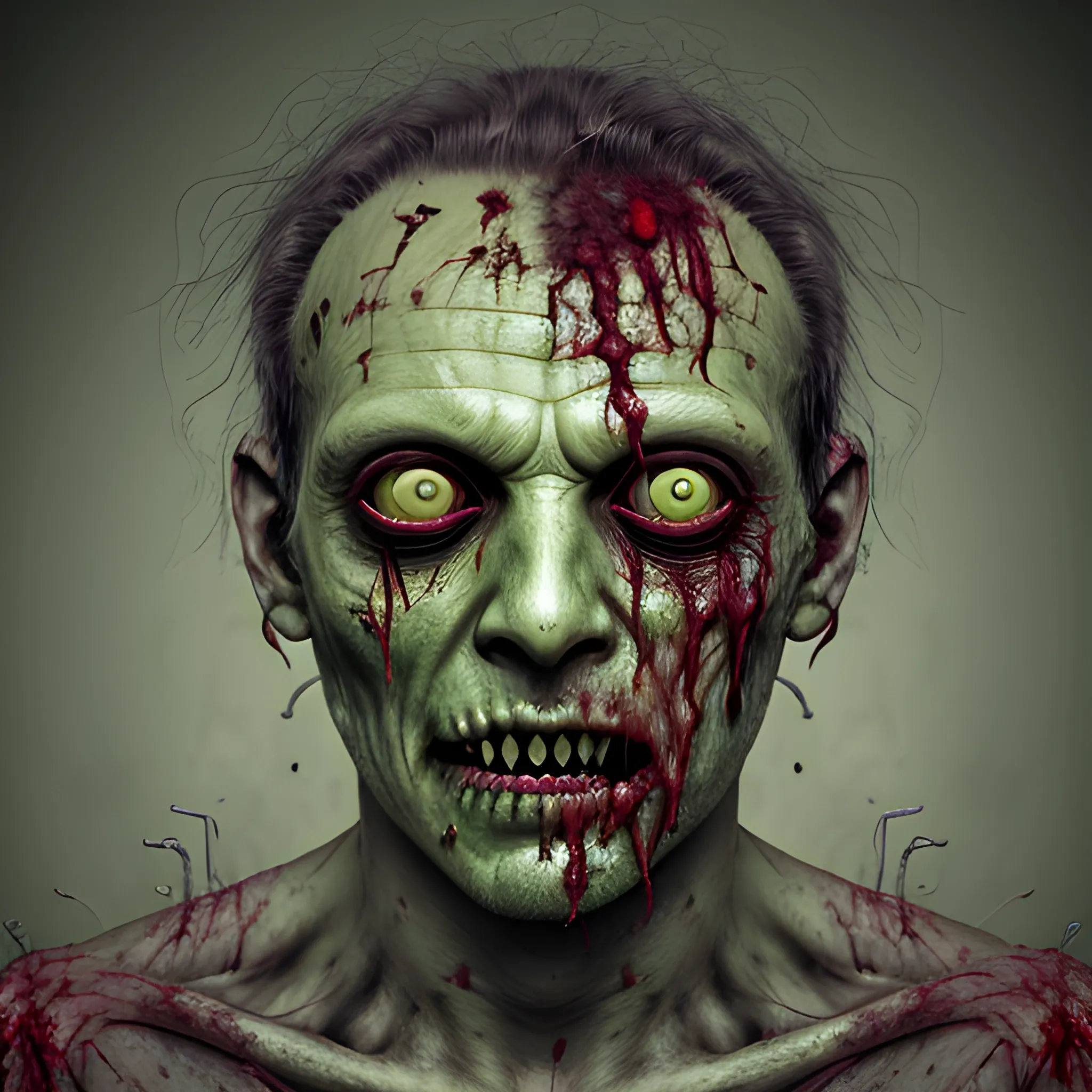 Zombie face of man with realistic rotting green skin with blood, one eye hanging with a socket, no skin on part of the forehead with maggots, dehydrated skin, open lesions all over the face with pus and maggots



