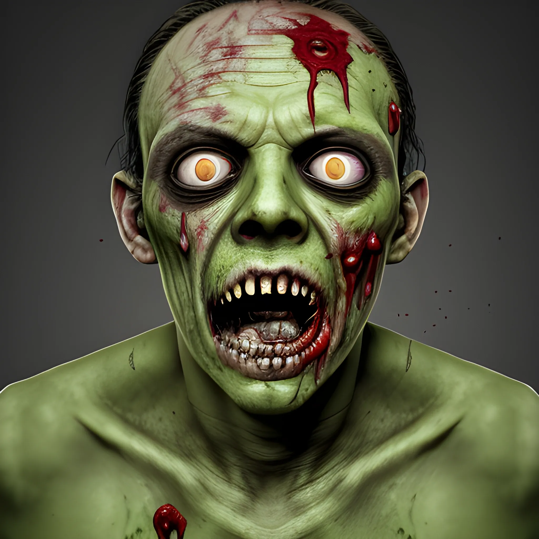 Zombie face of a man with realistic rotten green skin with blood, no eyes, no skin on part of the forehead, with worms, dehydrated skin, open lesions all over the face with pus and worms, yellowed and broken teeth with worn lips, screaming, ears broken in half, injury on the right cheek with exposed muscles



