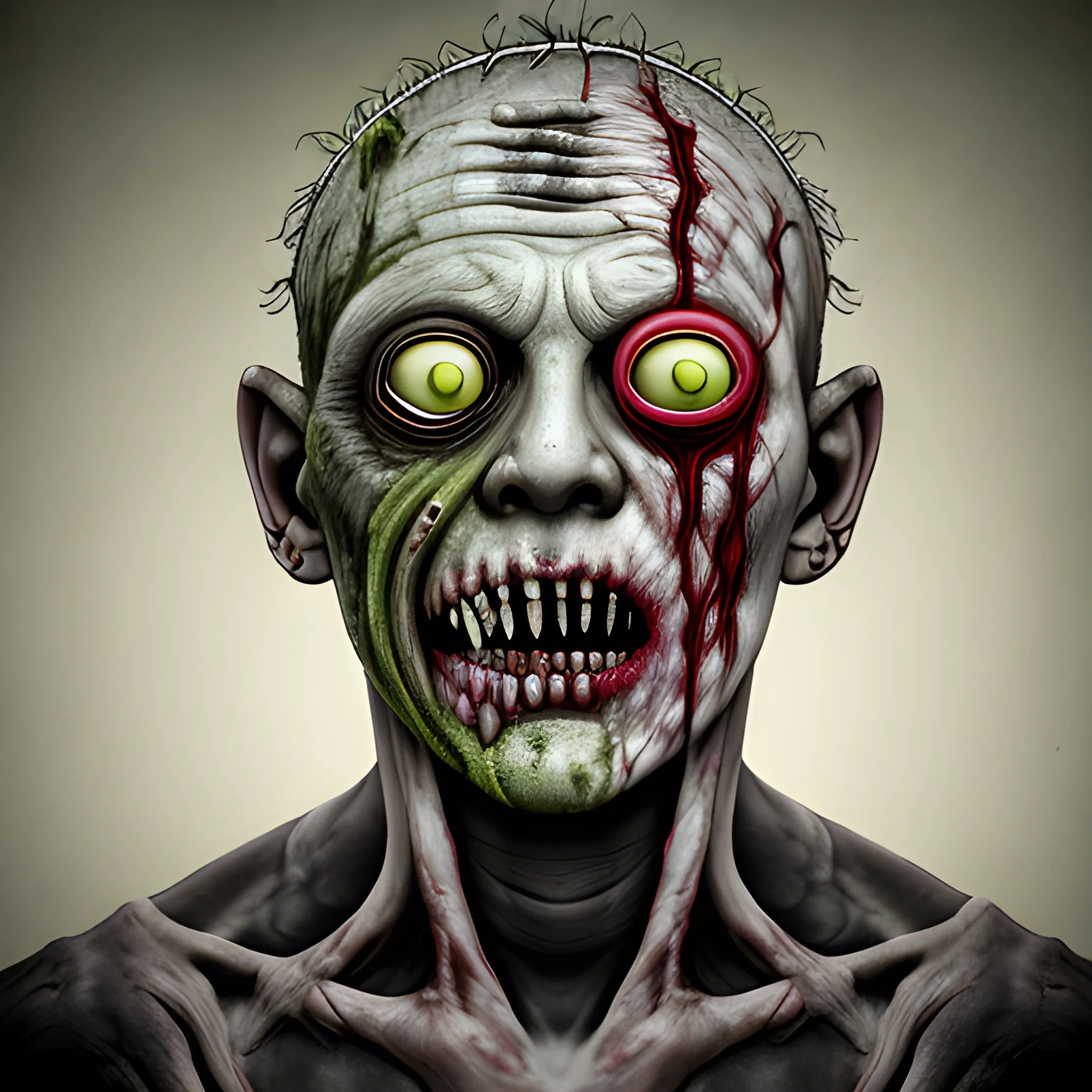 Zombie face of man with realistic rotten green skin with blood without eyes without skin on part of the forehead with worms dehydrated skin open lesions all over the face with pus and worms yellowed and broken teeth with worn lips screaming ears broken in half injury on the right cheek with exposed muscles scars of old skin wrinkled and swollen neck with realistic inflated veins
