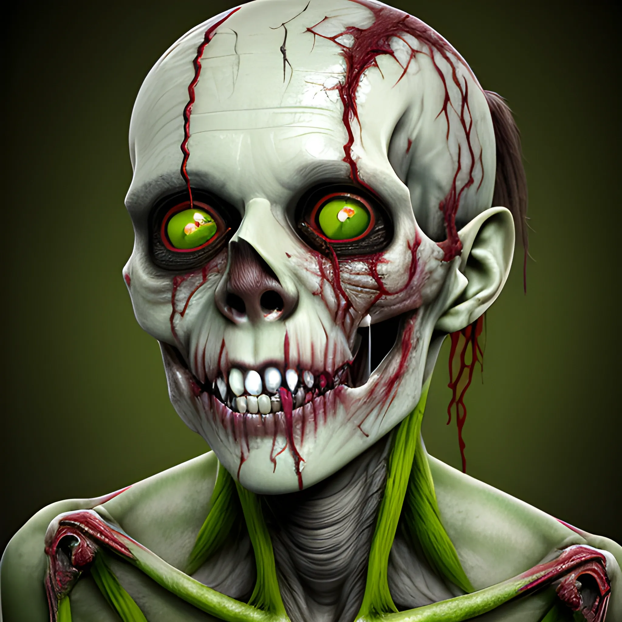 Realistic fleshless zombie face with scratches and scars with exposed veins and bones from the weeping blood on the rotting green skin open mouth broken and yellow teeth with human flesh between the teeth dehydrated lips with only one eye half exposed brain broken ears exposed cheek tissue no nose where you can see the skull bones

