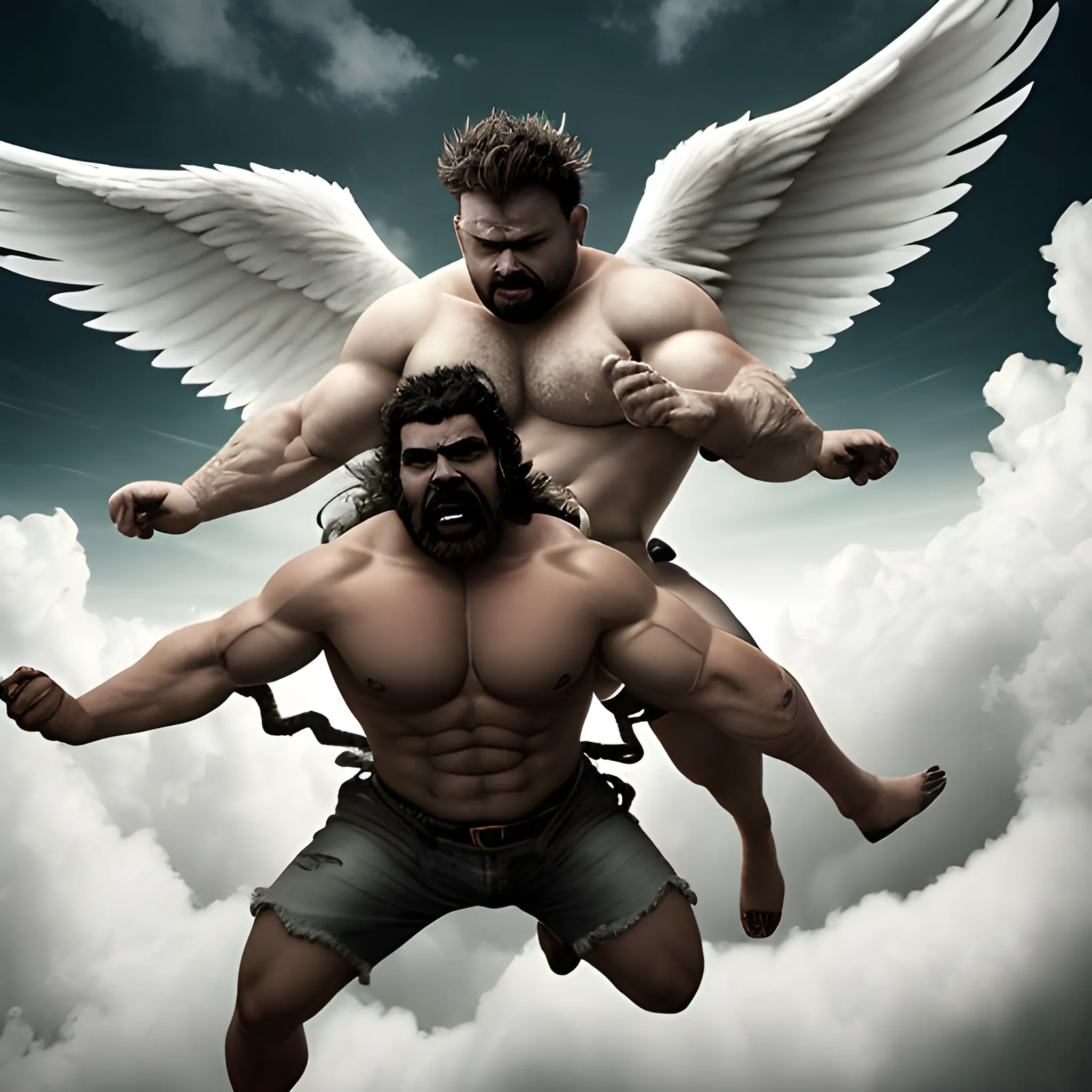 imagen hiperrealista de un angel contra un demonio, golpeando uno contra otro, desplegando sus alas el angel y el demonio, fondo del cielo, entre nubes espongosas, gritando el angel y el demonio, angel blanco con cabello rubio y musculos piel tersa 

