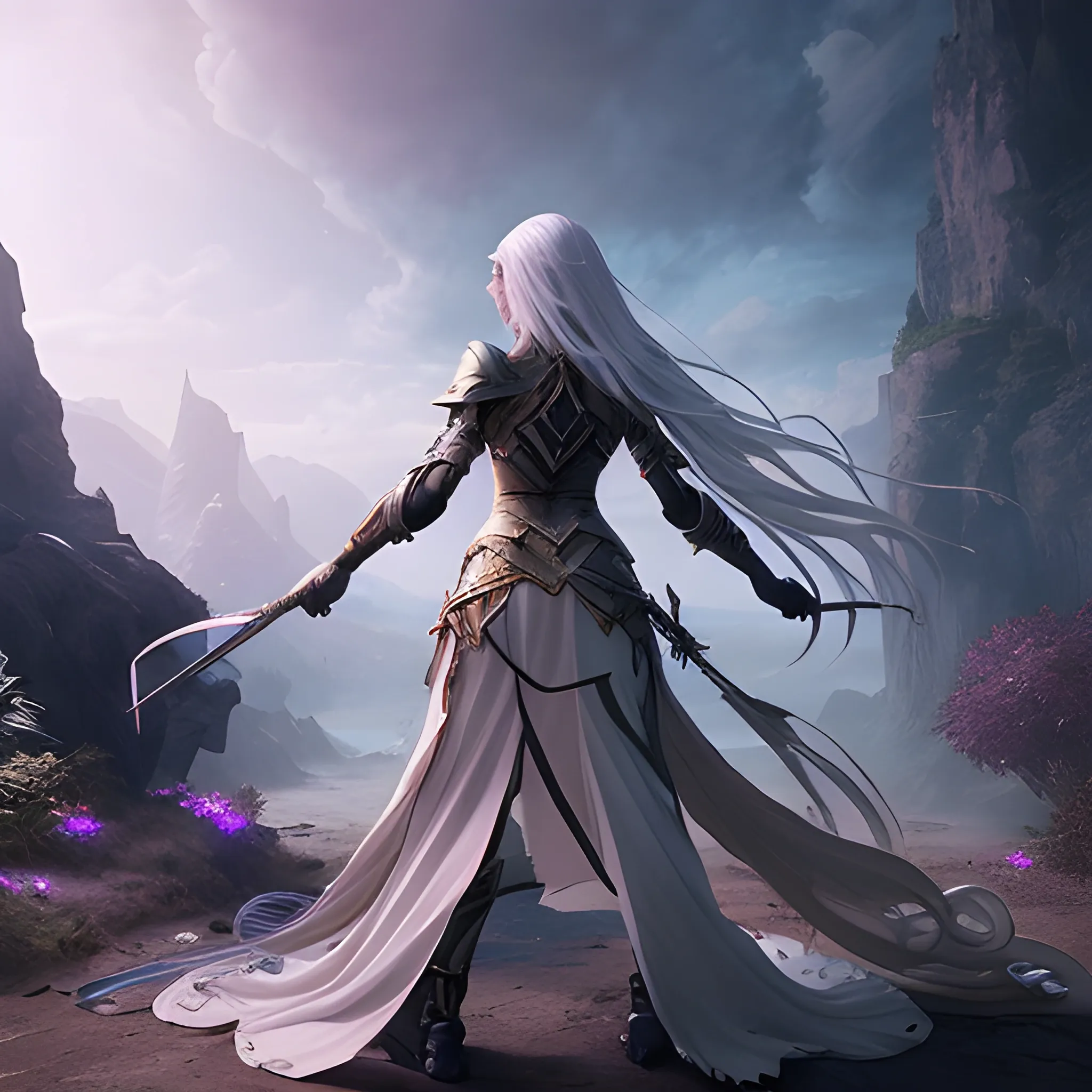 An image that has a woman, anime, sorceress, warrior, heroine, good lighting, standing, masterpiece, very detailed, perfect composition, dramatic, delicate, very beautiful portrait, attention to detail, sharp focus, specifies that the shot be full body, from behind, full body photo, character located to the right of the image, located to the right, the environment that is in accordance with the video game,