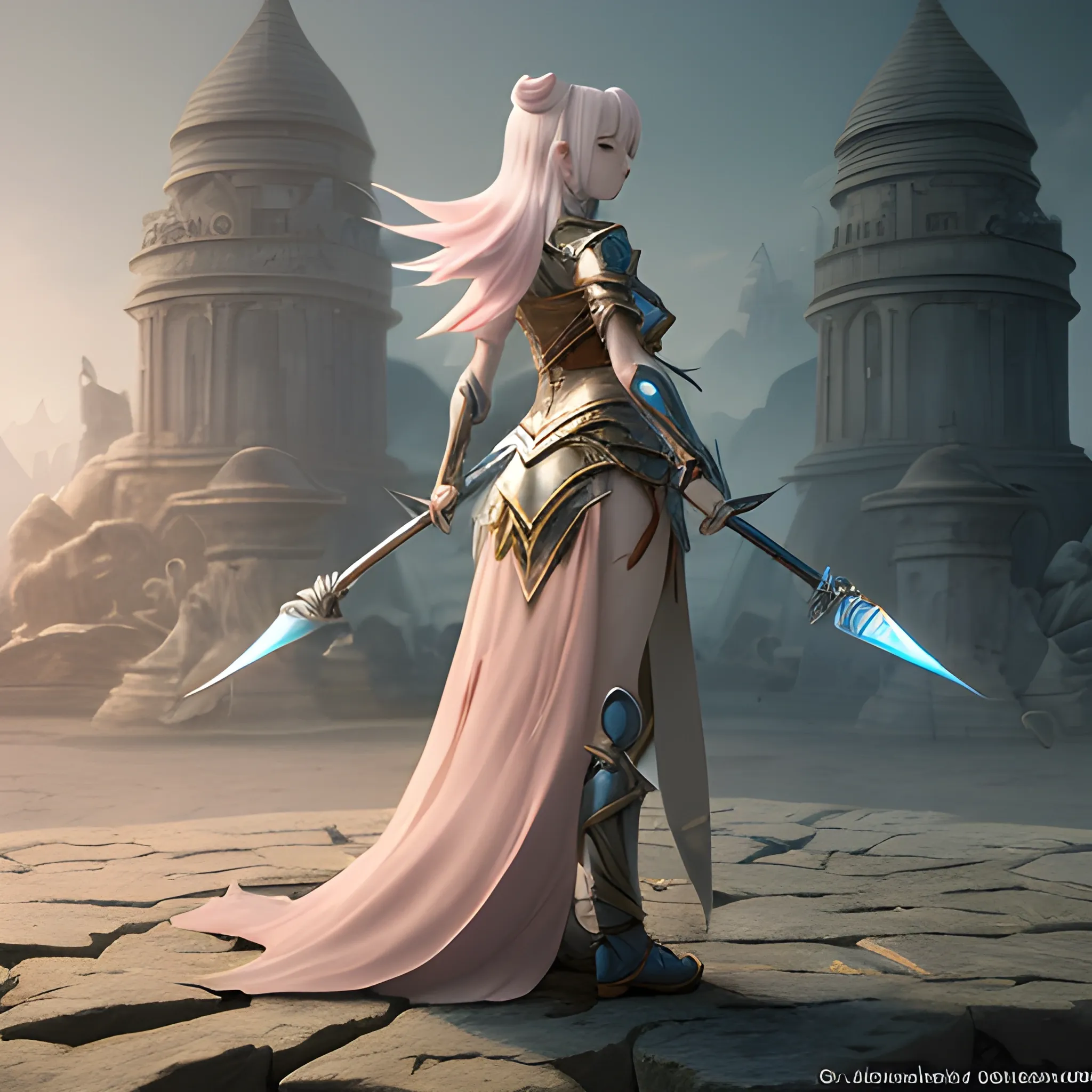 An image that has a woman, anime, sorceress, warrior, heroine, good lighting, standing, masterpiece, very detailed, perfect composition, dramatic, delicate, very beautiful portrait, attention to detail, sharp focus, specifies that the shot be full body, from behind, full body photo, character located to the right of the image, located to the right, the environment that is in accordance with the video game,, 3D, Cartoon