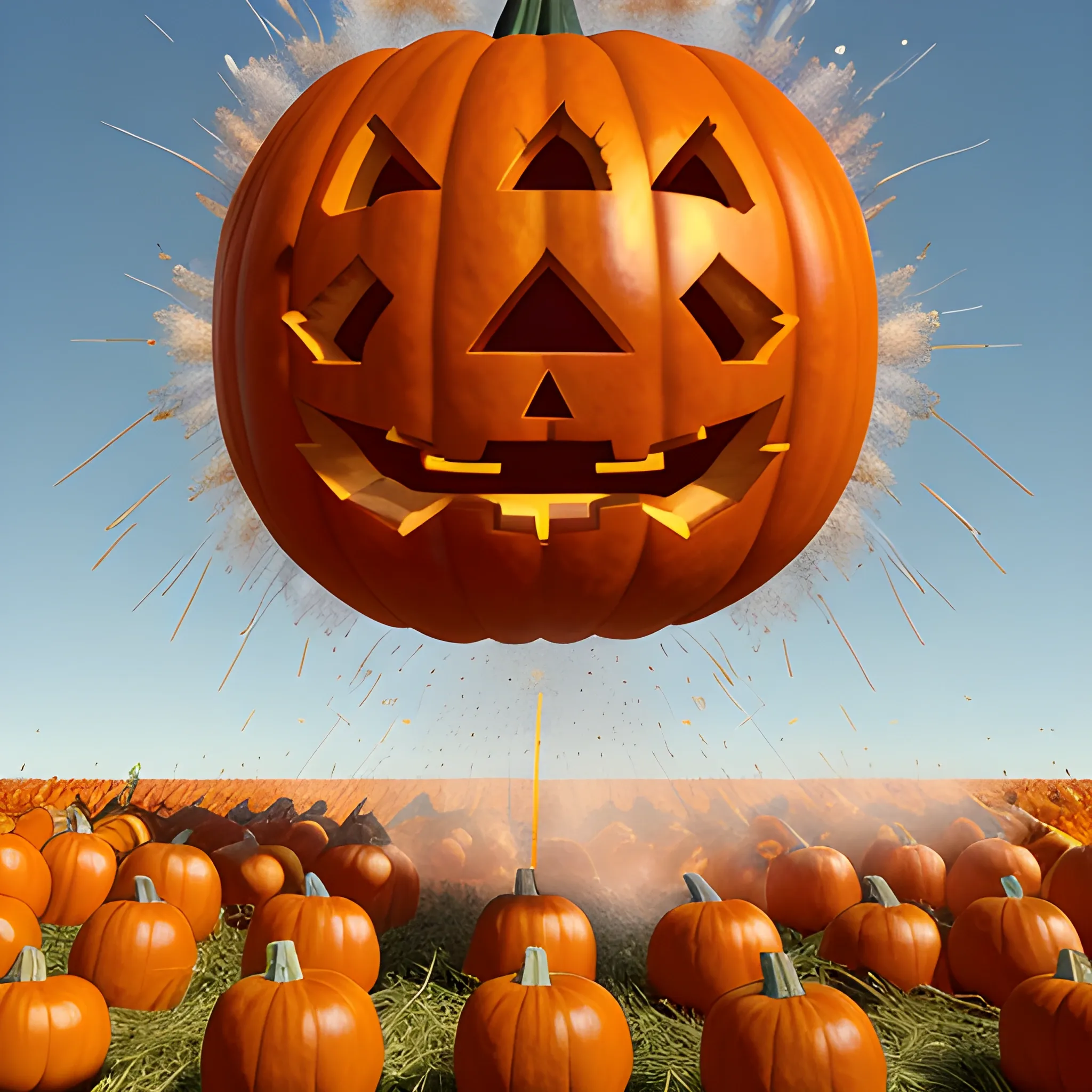 Create a realistic image of a natural pumpkin exploding due to a festive firecracker. The pumpkin should look like an ordinary farm-grown pumpkin, with no carved faces or Halloween decorations. The explosion should show fragments of the pumpkin flying outward, with pieces of the thick orange rind and the fibrous interior scattering in all directions. Smoke and sparks from the firecracker should be visible, adding to the dynamic and chaotic moment. The scene is set outdoors on a bright, clear day, with the pumpkin on a grassy or dirt surface." 3d digital art
