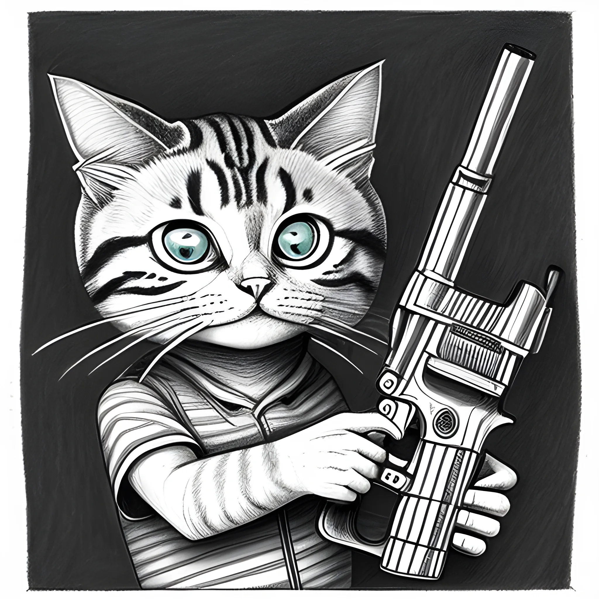 proud cat with gun in it's hand, Trippy, Pencil Sketch