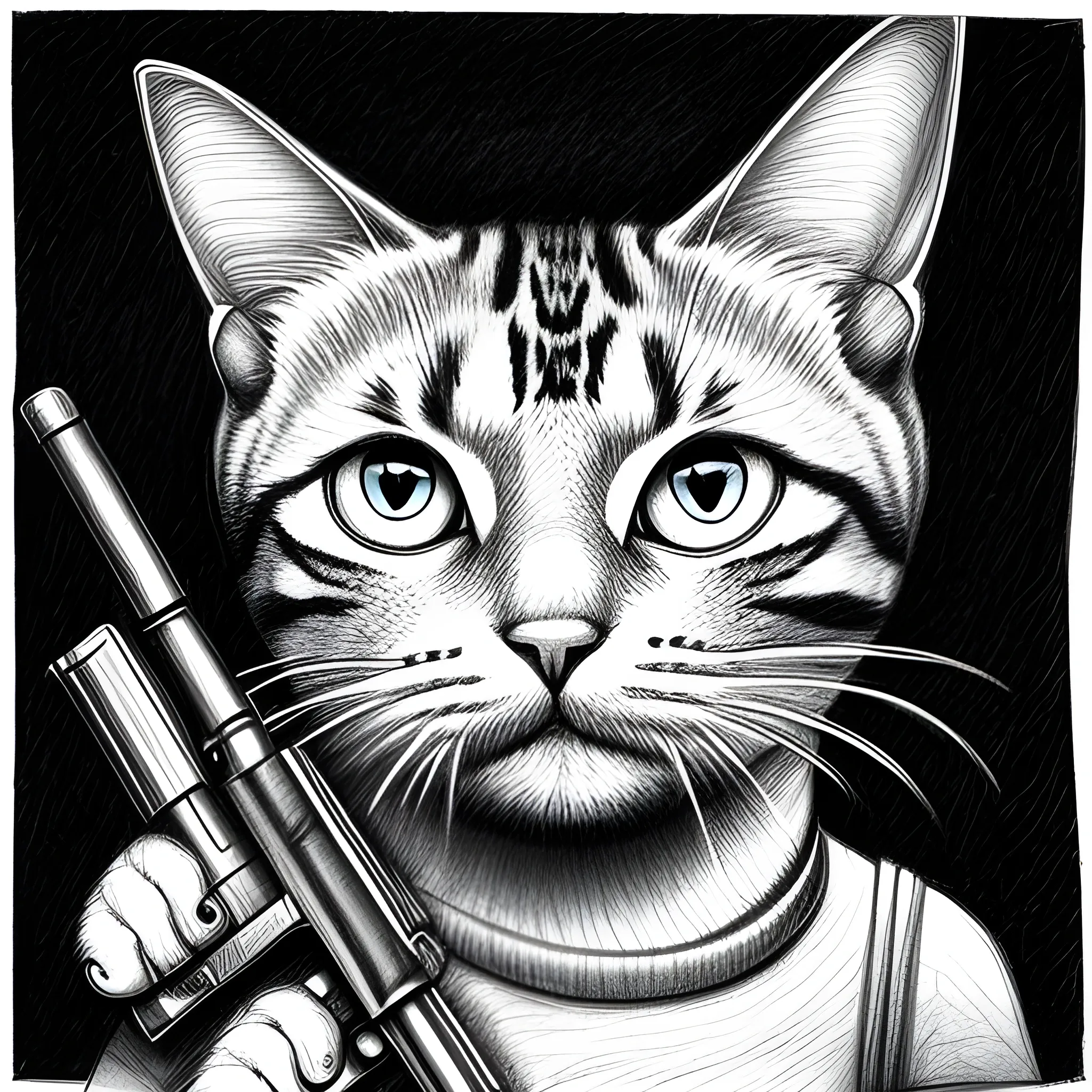 proud cat with gun in it's hand, Trippy, Pencil Sketch