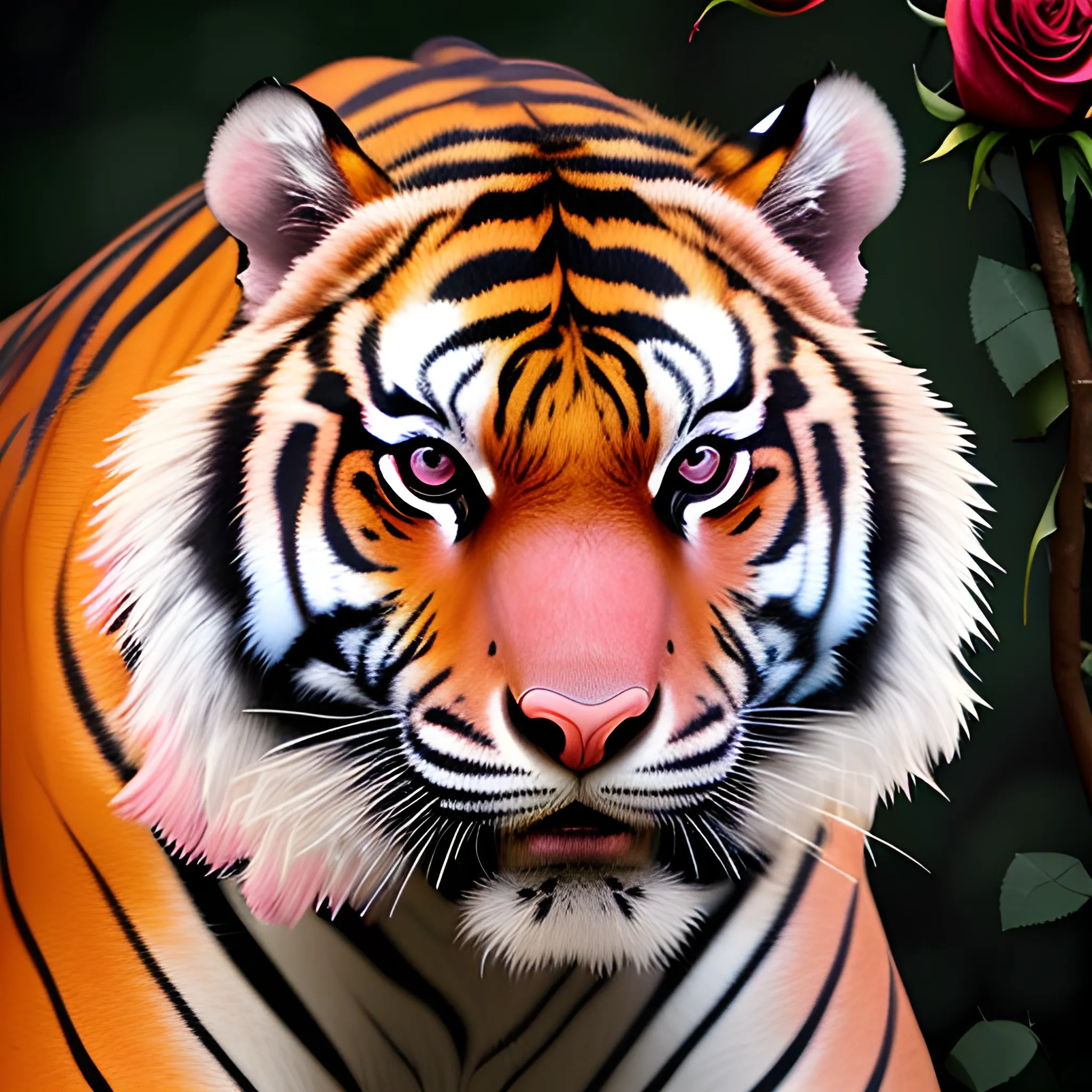 a tiger,red eyes,(smelling a branch of rose:1.2),portrait,moonlight,forest,looking forward,
high detailed,masterpiece,sharp focus,