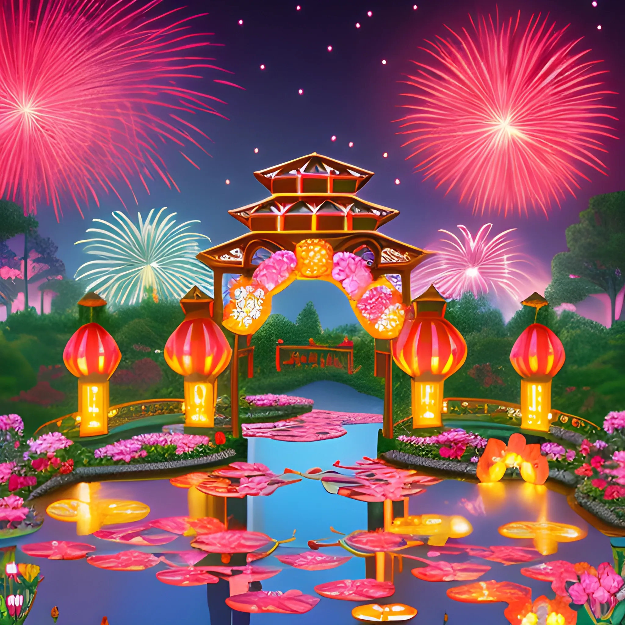 Valentine's Day lights, colorful arches, flowers, grass, butterflies, fireworks, Hello Kitty, red lanterns. The lotus pond is filled with gold bars, gold bricks, jewelry, and gold sand. The background is the Peach Blossom Spring.