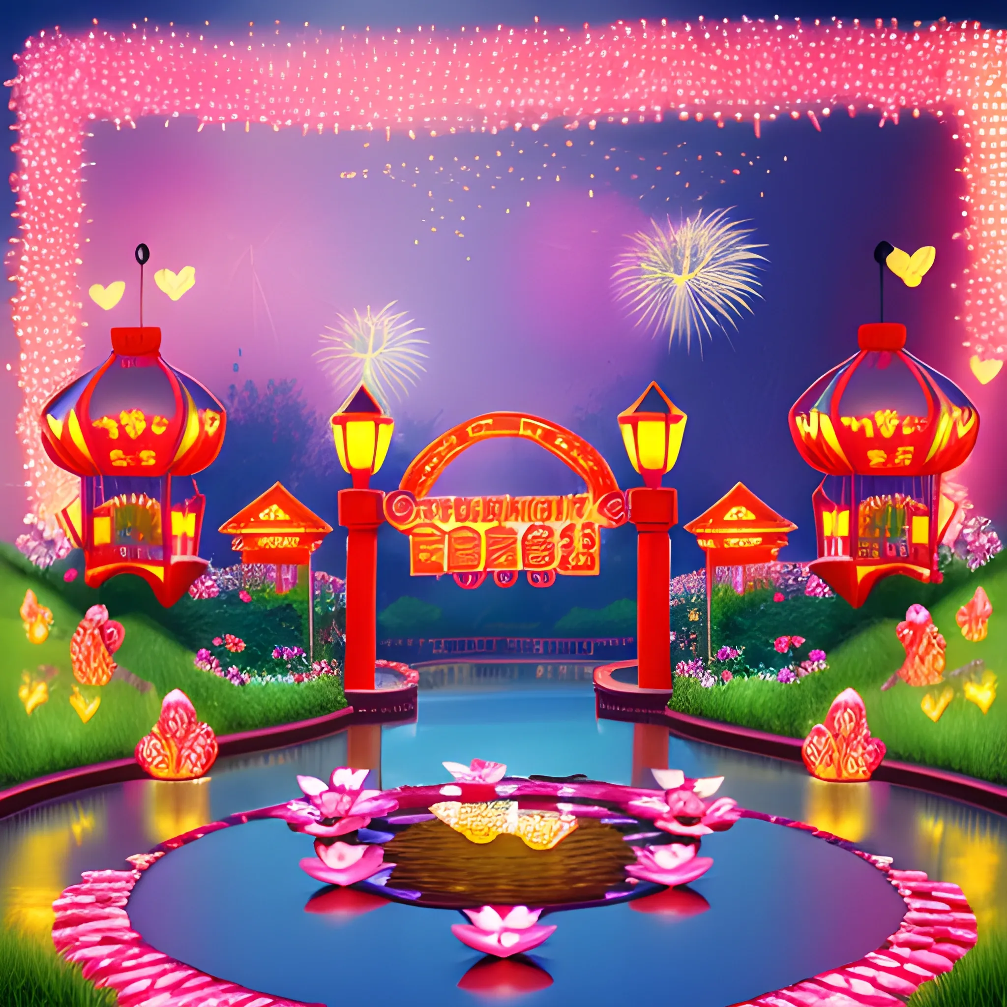 Valentine's Day lights, colorful arches, flowers, grass, butterflies, fireworks, Hello Kitty, red lanterns. The lotus pond is filled with gold bars, gold bricks, jewelry, and gold sand. The background is the Peach Blossom Spring., 3D