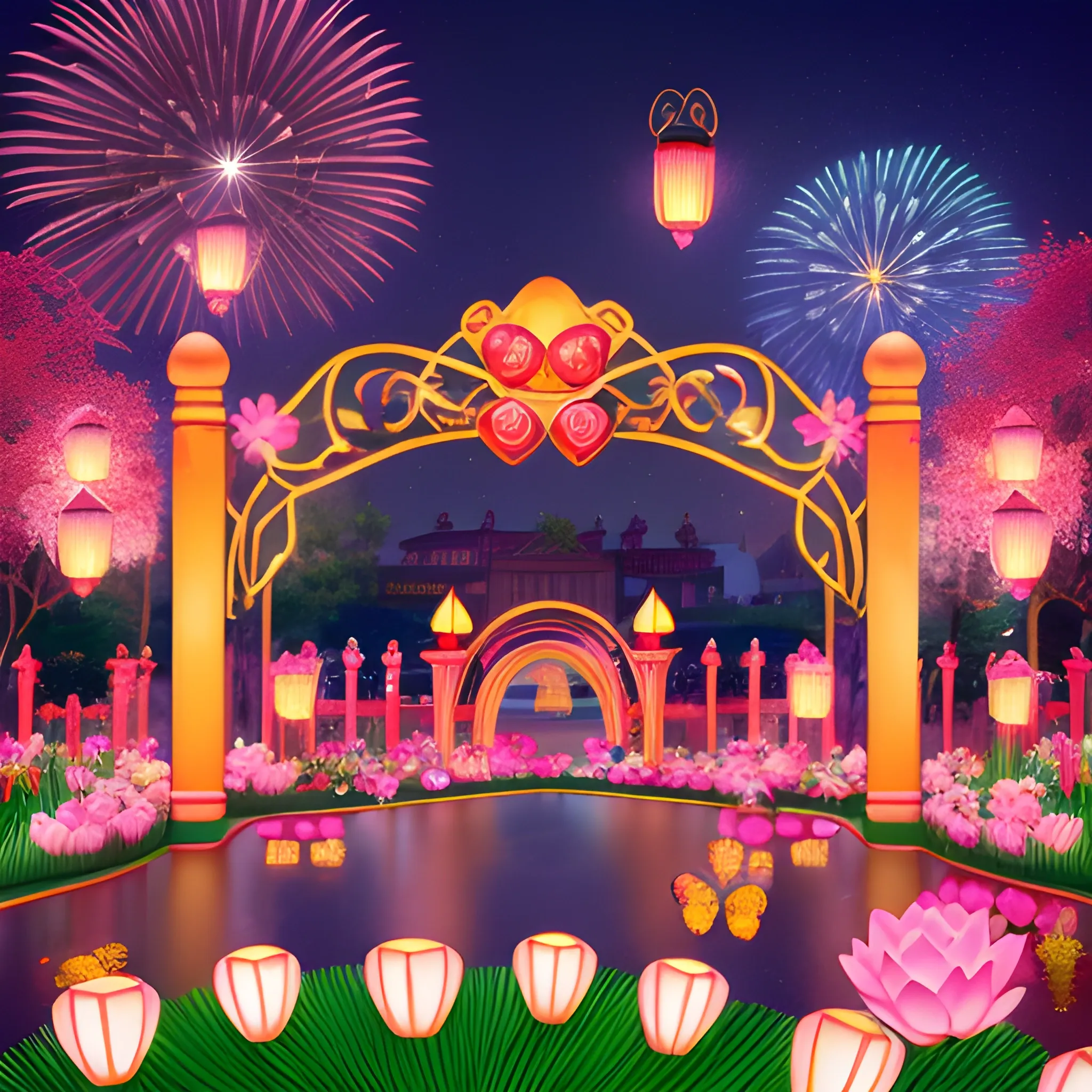 Valentine's Day lights, colorful arches, flowers, grass, butterflies, fireworks, Hello Kitty, red lanterns. The lotus pond is filled with gold bars, gold bricks, jewelry, and gold sand. The background is the Peach Blossom Spring., 3D, Trippy