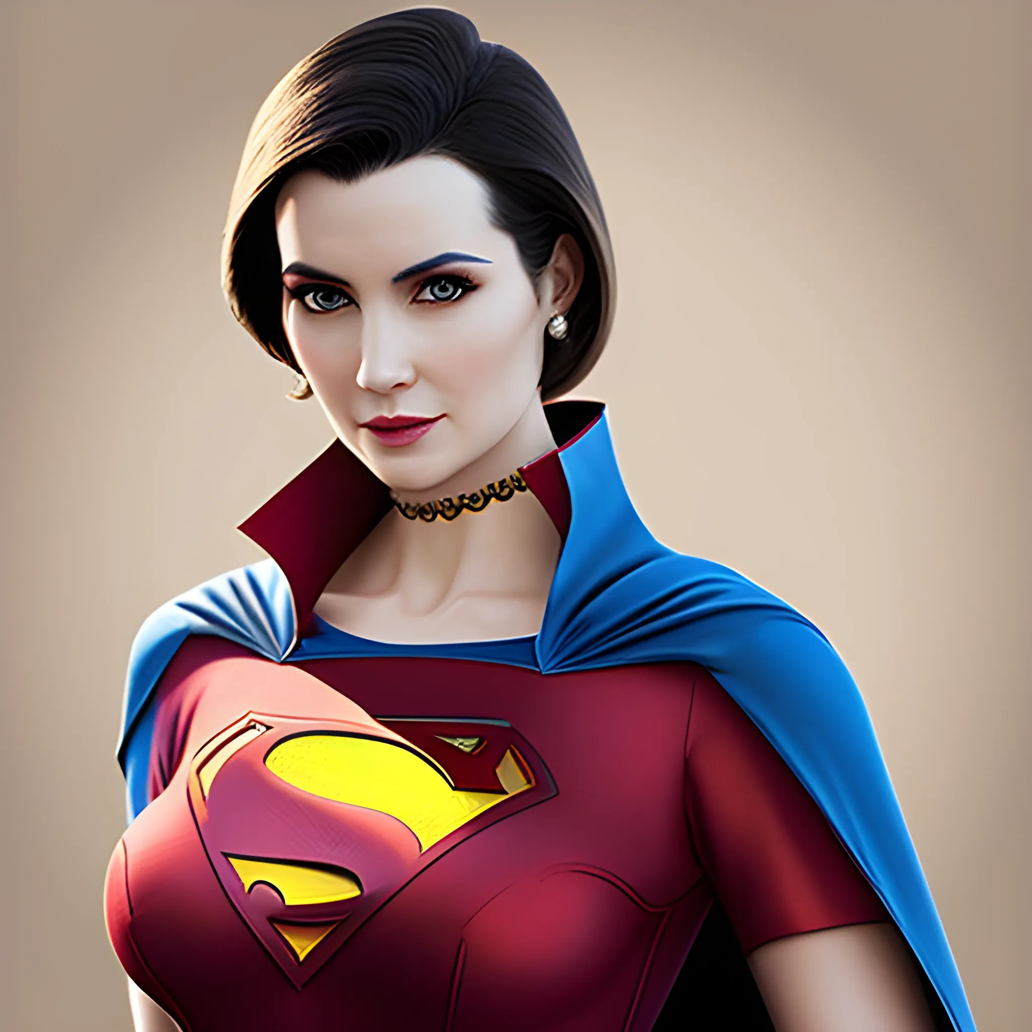 An elegant lady wearing a Superman costume, eye-catching detail, realistic ultra-detailed