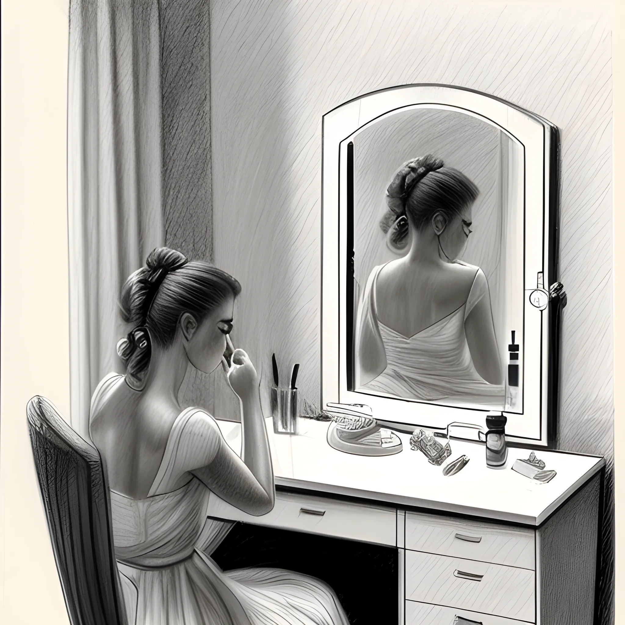 woman getting ready at a vanity table, Pencil Sketch