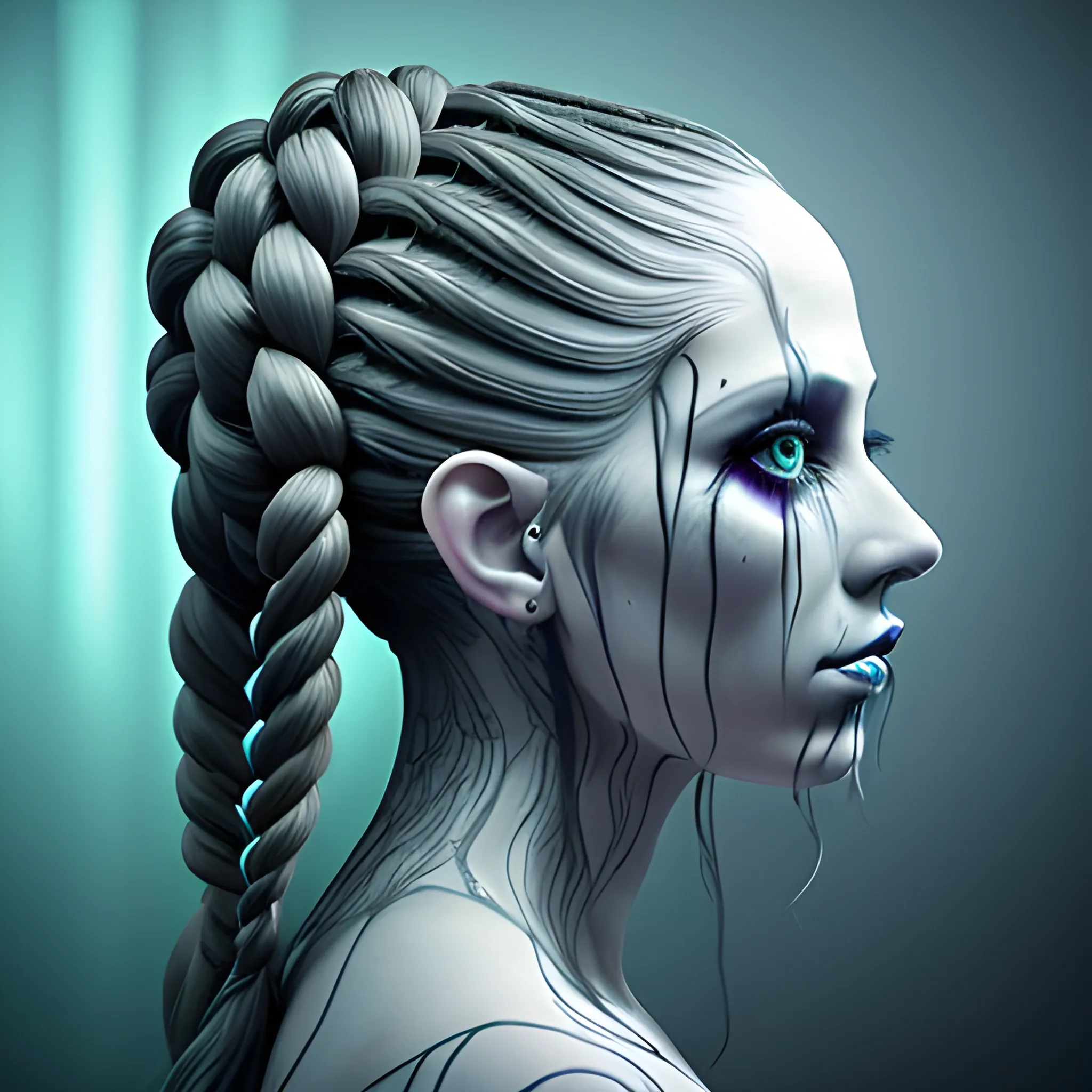 Mujer con muchas trenzas y trenzas intrincadas, maquillaje de fantasía oscura, estilo realista en 3D, de aspecto poderoso y misterioso con poderes mágicos.

, Trippy