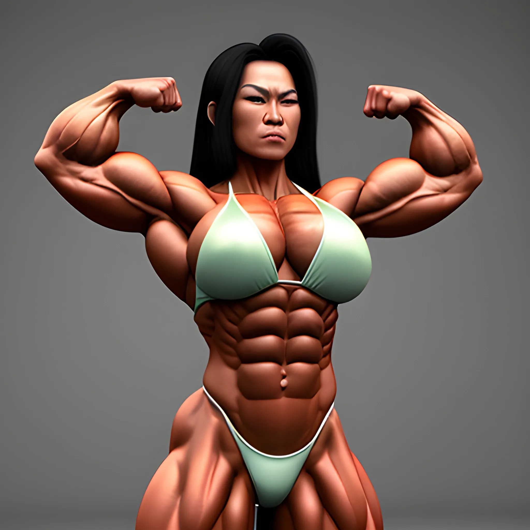 extreme muscular female bodybuilder,asian woman,extremly muscular, 3D